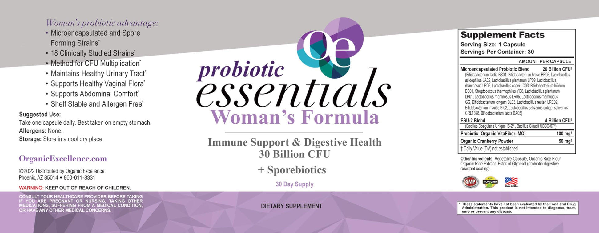 Organic Excellence Probiotics for Women – 30 Billion CFU 18 Strains Prebiotics & Sporebiotics – Gut, Vaginal, Digestive, Immune & Urinary Tract Support – 30 Capsules Organic ExcellenceAu supplements