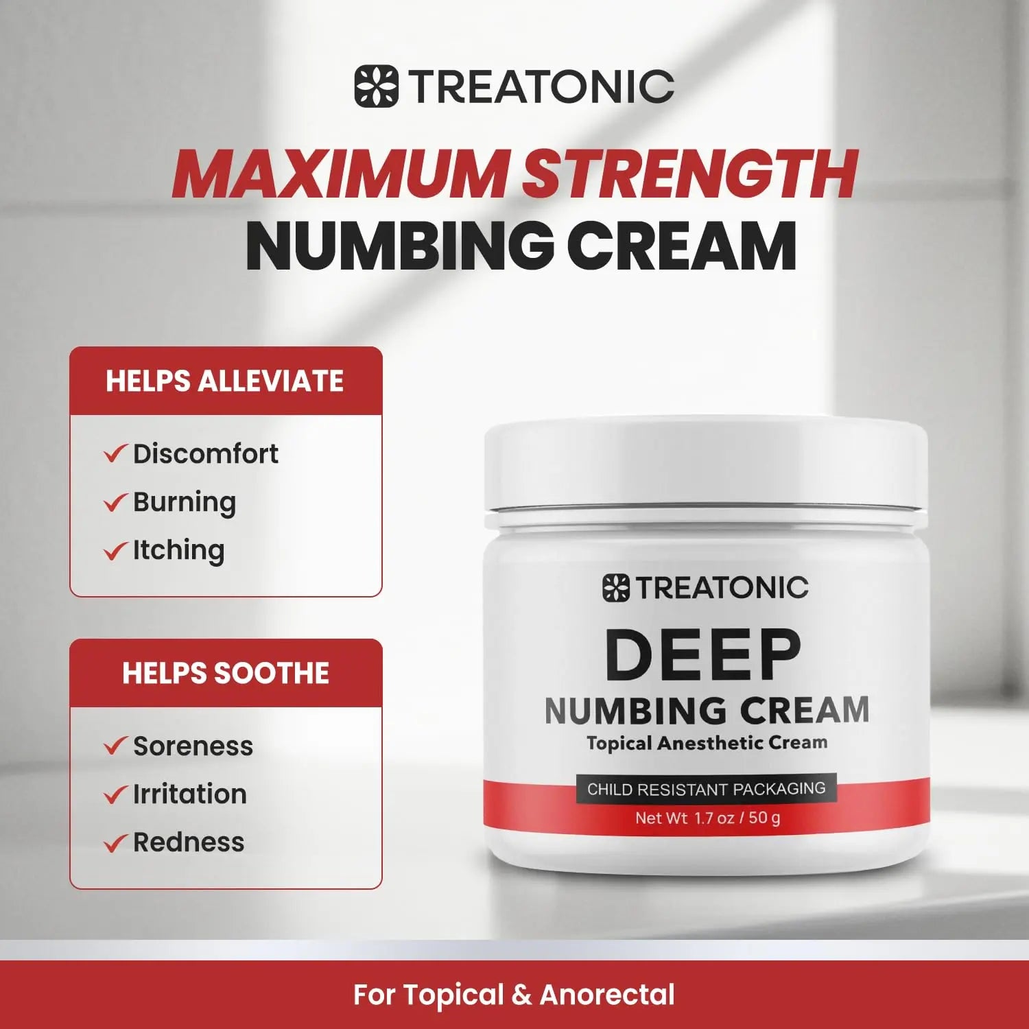 Treatonic Maximum Strength Numbing Cream: Numbing Cream for Discomfort, Burn, Itch & Pain Relief - Fast-Acting, Soothing Topical Anesthetic with Menthol & Emu Oil for Hemorrhoid Treatment – 1.7oz TreatonicAu supplements