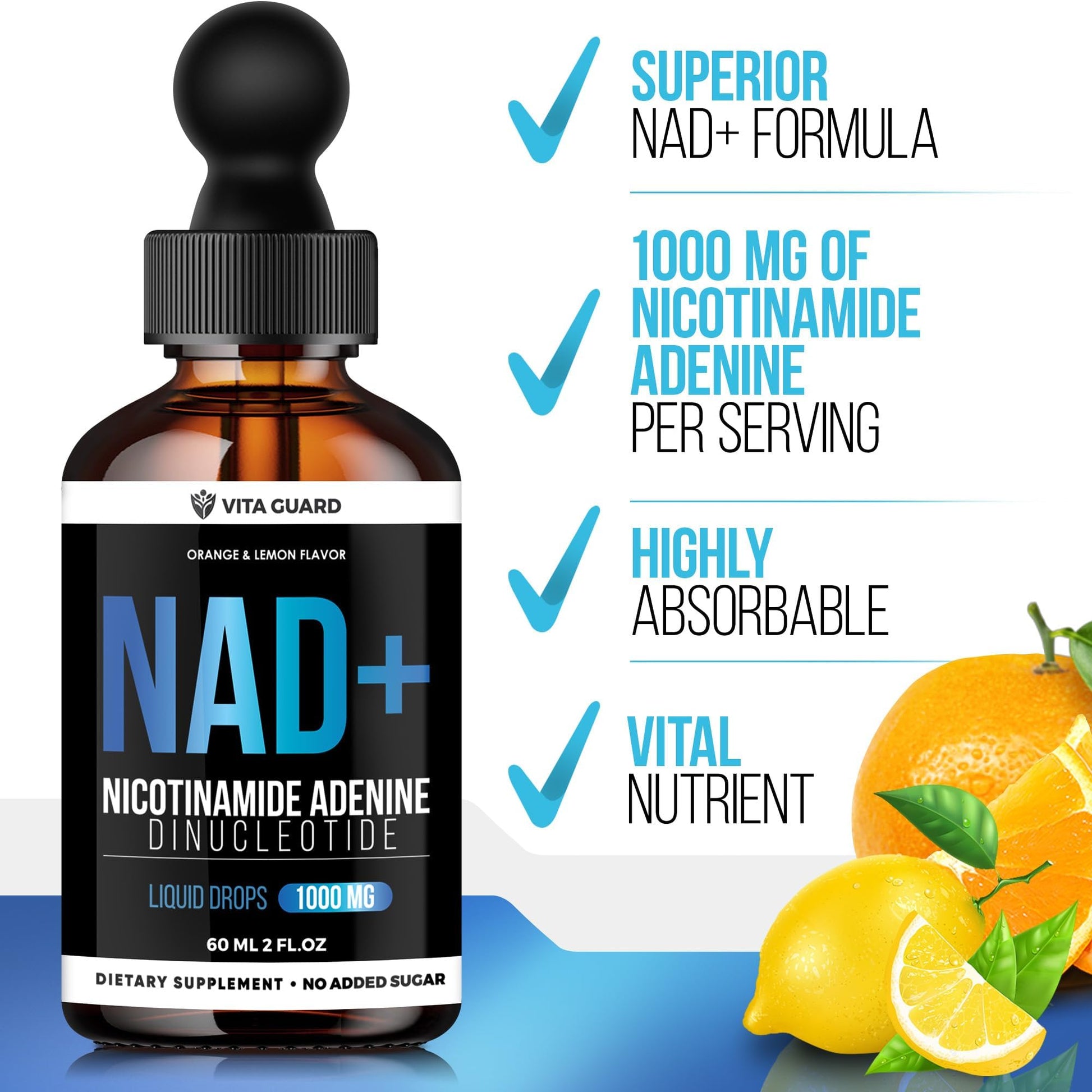 Vita Guard Pure NAD+ Supplements 1000mg Liquid Drops for Women & Man | Nicotinamide Adenine Similar to Nicotinamide Riboside NAD Plus Boosting Supplement - Natural Lemon & Orange Flavor Vita GuardAu supplements