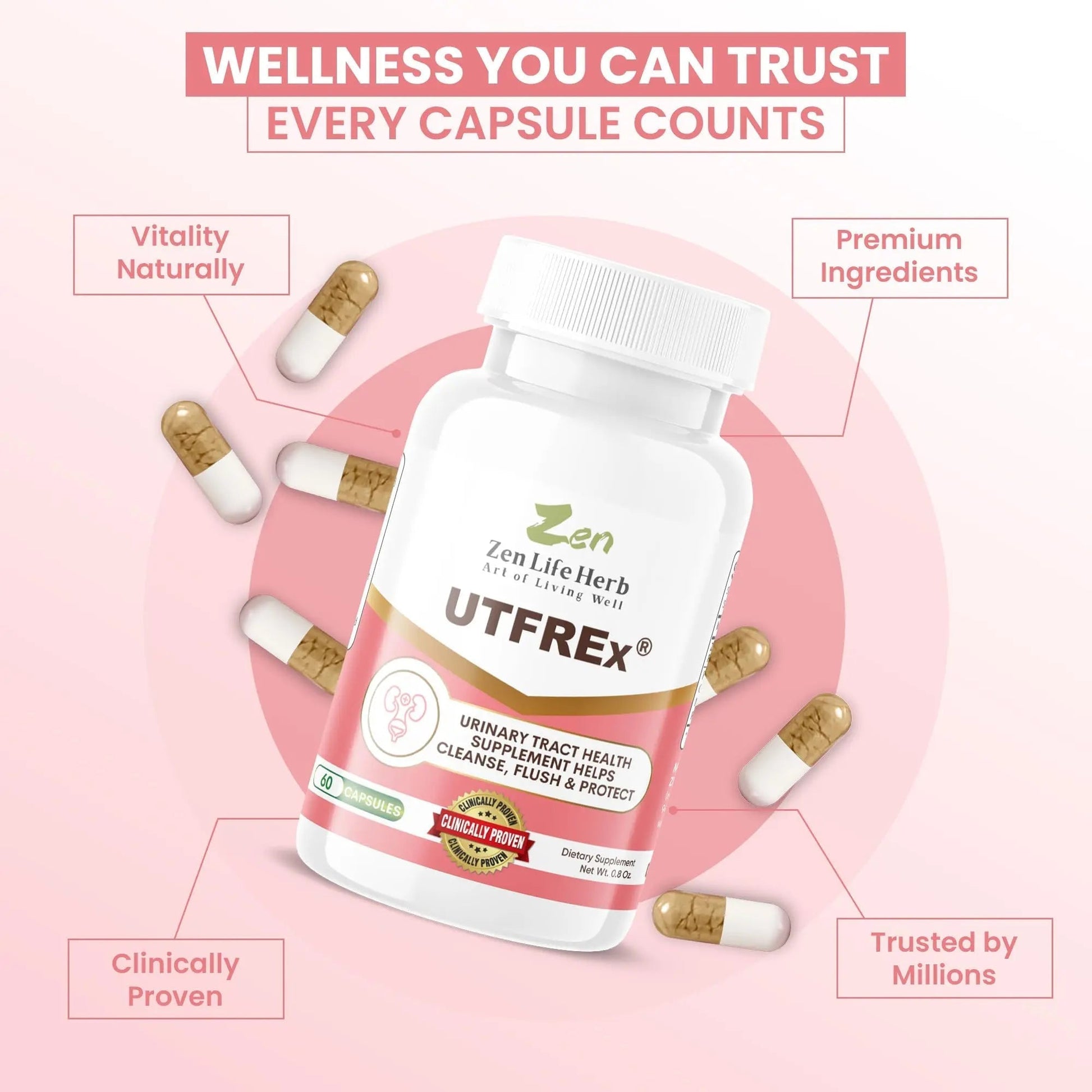 ZEN LIFE HERB UTFREx – Fast Acting - Promotes Urinary Tract Health Supports Healthy Immune and Urinary System, No Vitamins, Minerals, Prebiotics, Sugar, Plant-Based Supplement (60 Capsules) ZEN LIFE HERBAu supplements