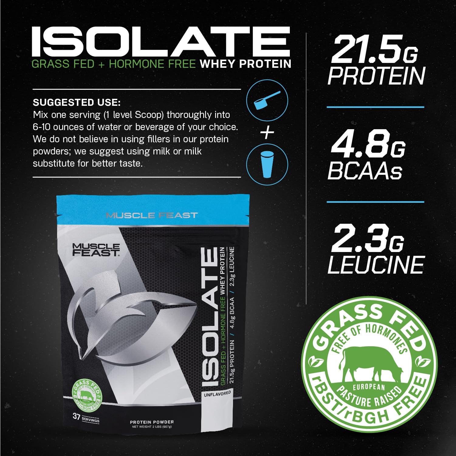 Muscle Feast Grass-Fed Whey Protein Isolate, All Natural Hormone Free Pasture Raised Muscle FeastUS supplements
