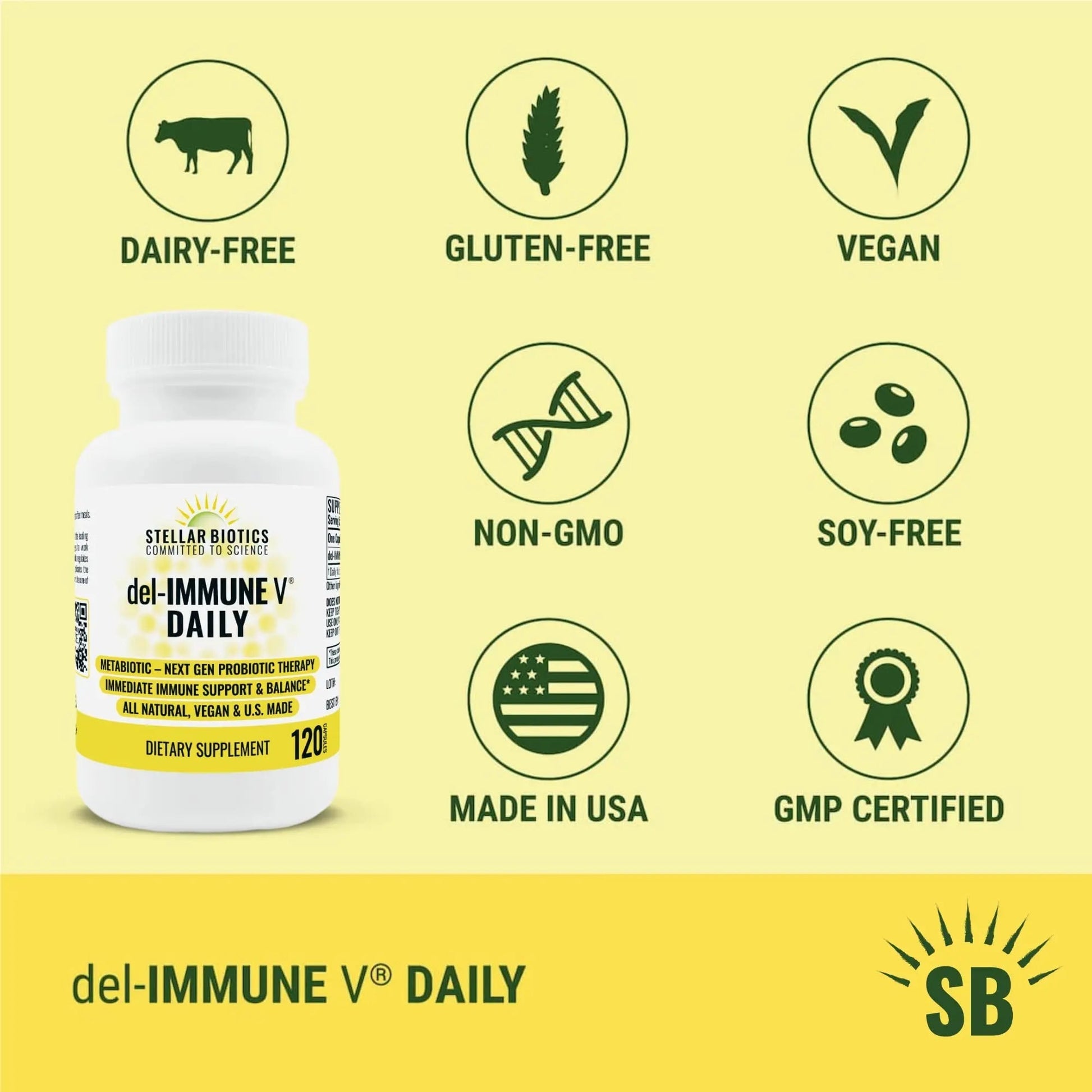 Del-Immune V® Daily by Stellar Biotics, All-Natural Immune Support & Gut Health, Immediate Care, Metabiotic: NextGen Probiotic Therapy (120 Caps) Del-Immune VAu supplements
