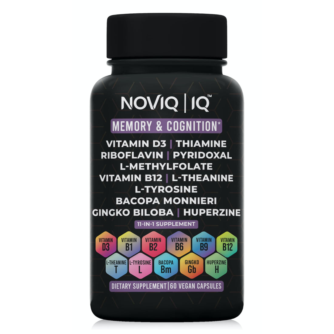 11-in-1 Supplement: Supports Memory & Cognition - 100mg Ginkgo 150mg Bacopa 300mcg Huperzine 200mg L-Theanine 150mg L-Tyrosine & Bioactive B-Complex NOVIQUS supplements