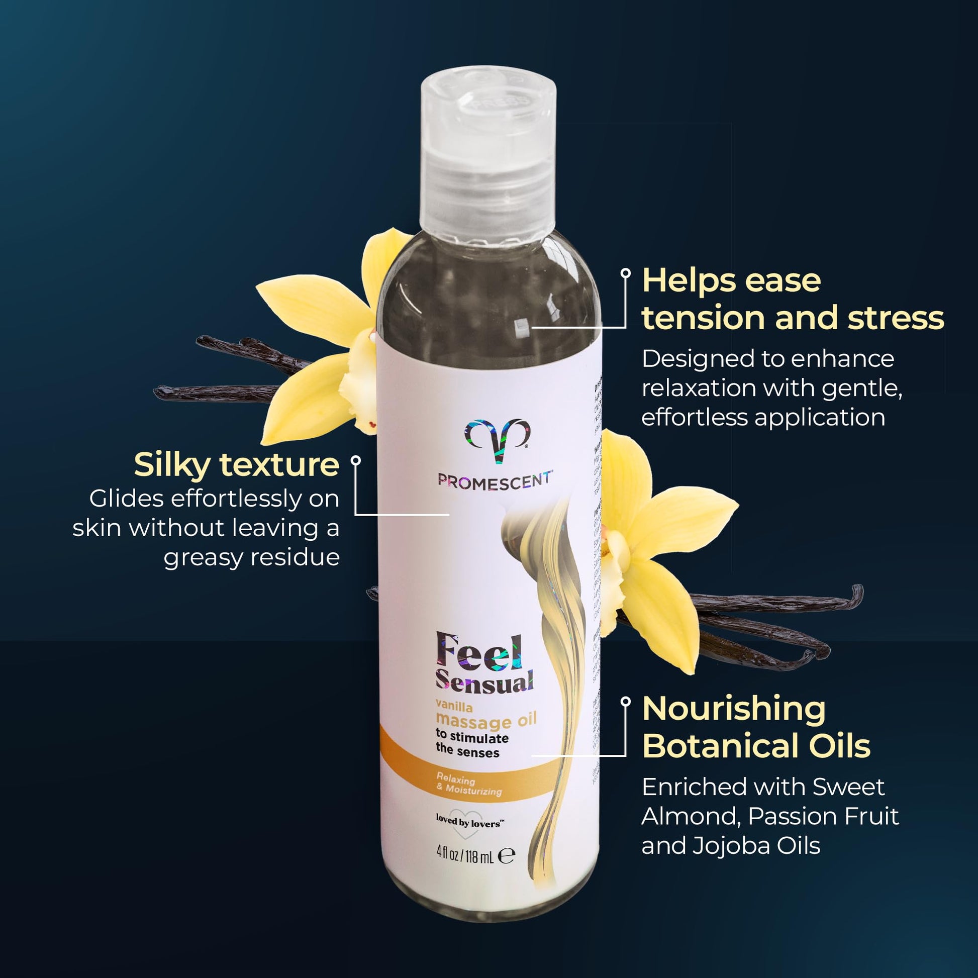 Promescent Massage Oil for Massage Therapy, Massage Oils for Date Night, Premium Body Oil for Men & Women to Relieve Stress & Sore Muscles, Essential Oils for Skin (4 oz) (Vanilla) PromescentAu supplements
