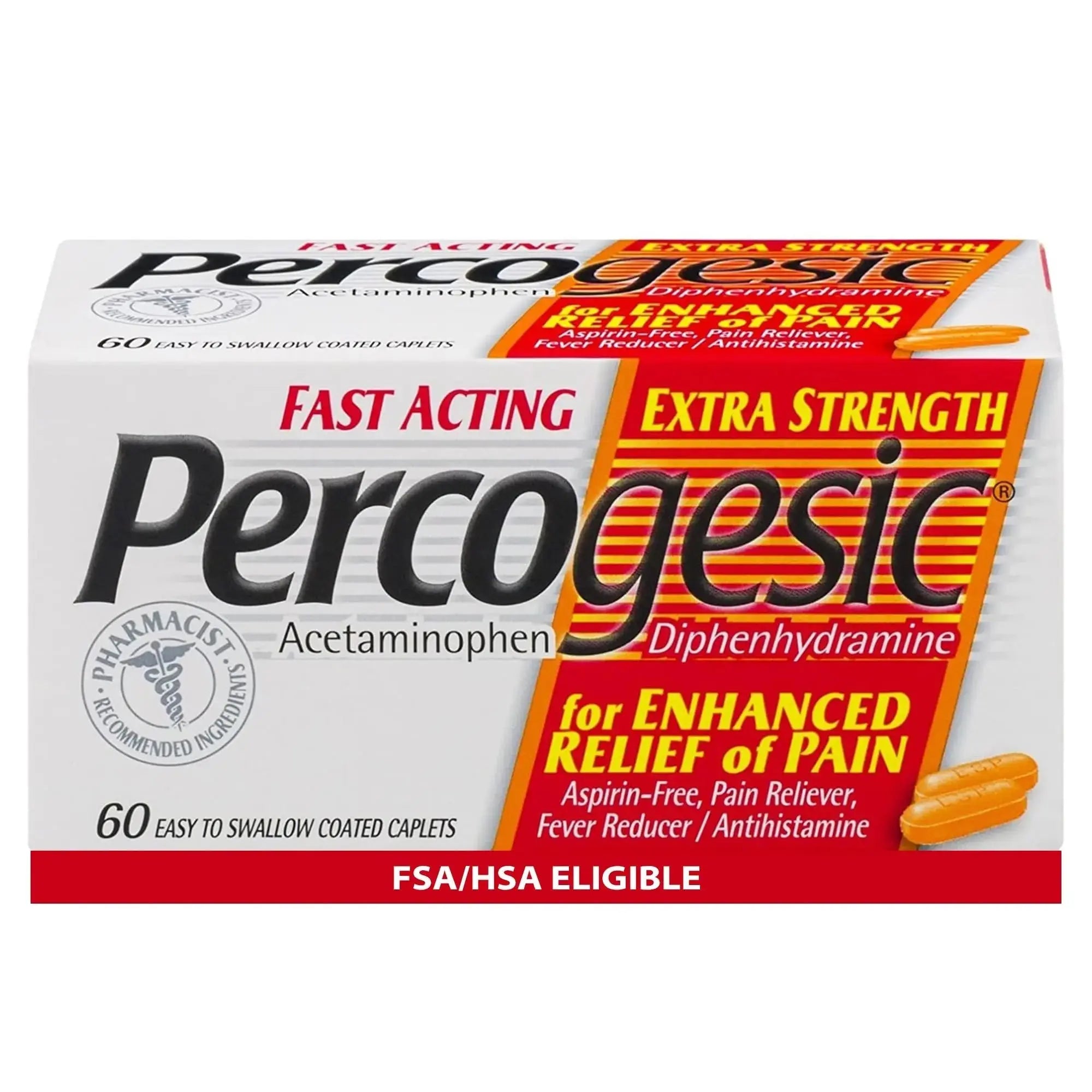 Percogesic Extra Strength Acetaminophen & Diphenhydramine Pain Relief, Fast-Acting Aspirin-Free Fever Reducer & Antihistamine, 60 Count PercogesicAu supplements