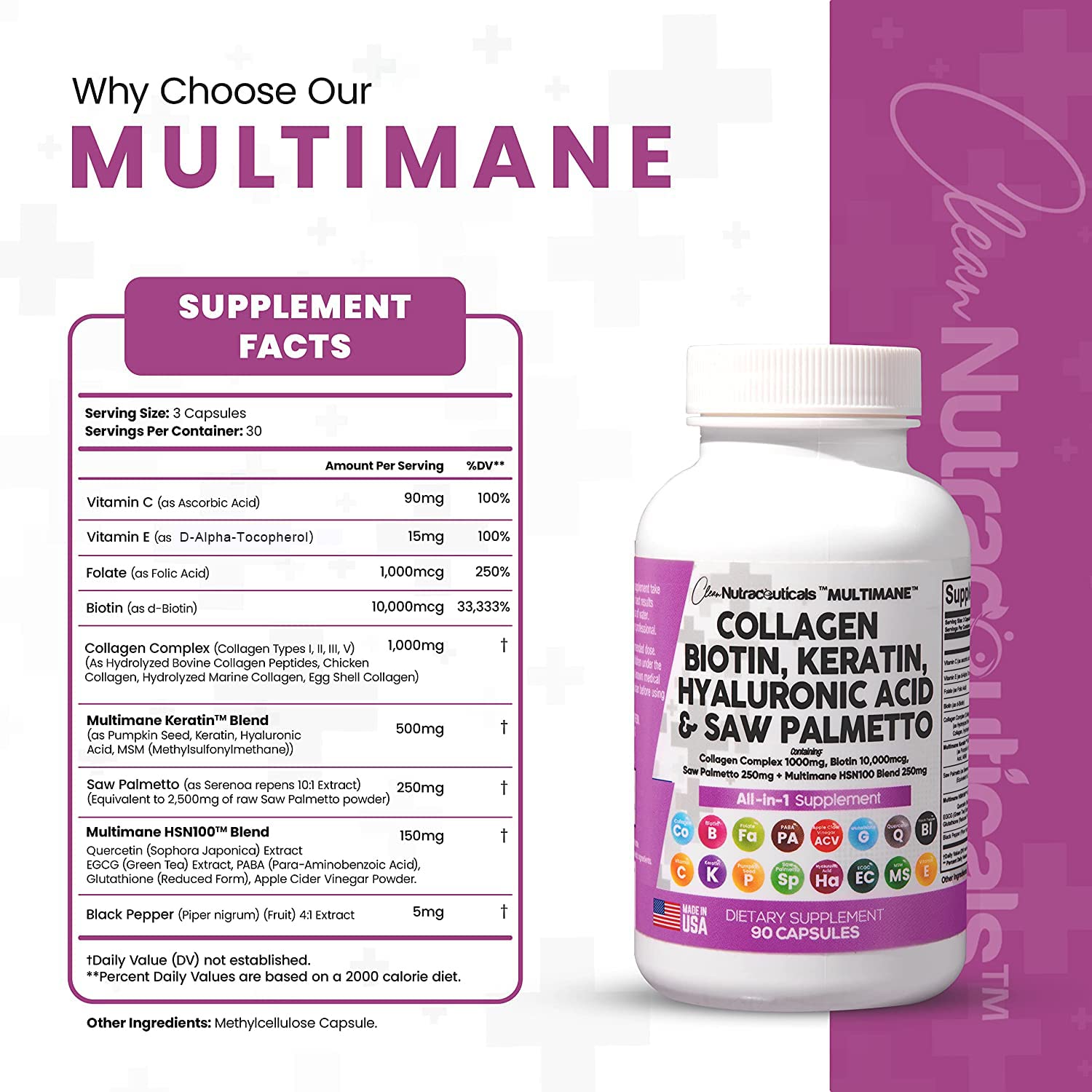 Collagen Pills 1000mg Biotin 10000mcg Keratin Saw Palmetto 2500mg 90 Ct Clean NutraceuticalsAu supplements