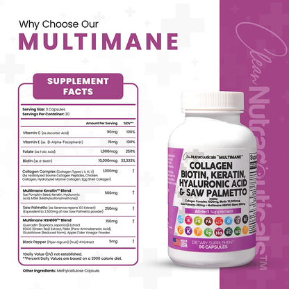 Collagen Pills 1000mg Biotin 10000mcg Keratin Saw Palmetto 2500mg 90 Ct Clean NutraceuticalsUS supplements