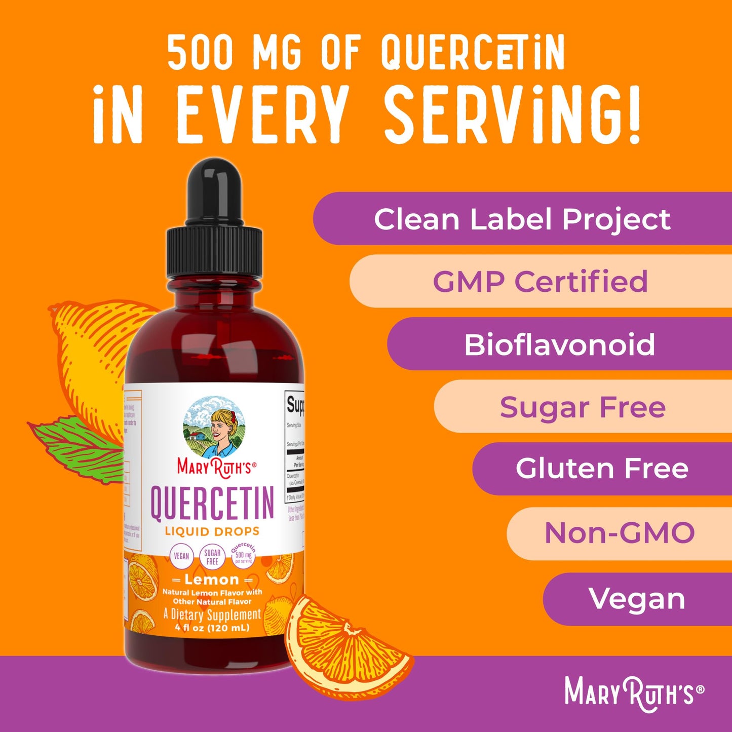 MaryRuth Organics Quercetin Liquid Drops | Sugar Free | 500mg for Adults 18 & Over | Cardiovascular Health for Adults | Bioflavonoid | Vegan | Non-GMO | Gluten Free | 4 Fl Oz MARYRUTH'SUS supplements