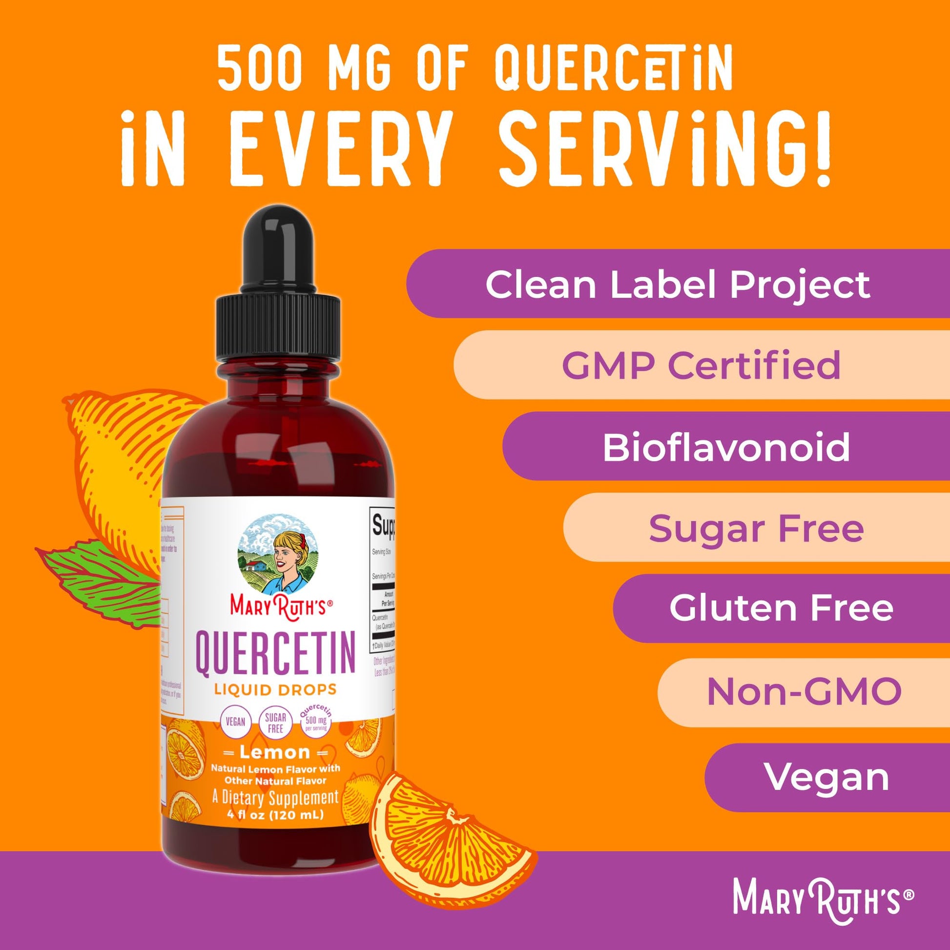 MaryRuth Organics Quercetin Liquid Drops | Sugar Free | 500mg for Adults 18 & Over | Cardiovascular Health for Adults | Bioflavonoid | Vegan | Non-GMO | Gluten Free | 4 Fl Oz MARYRUTH'SUS supplements