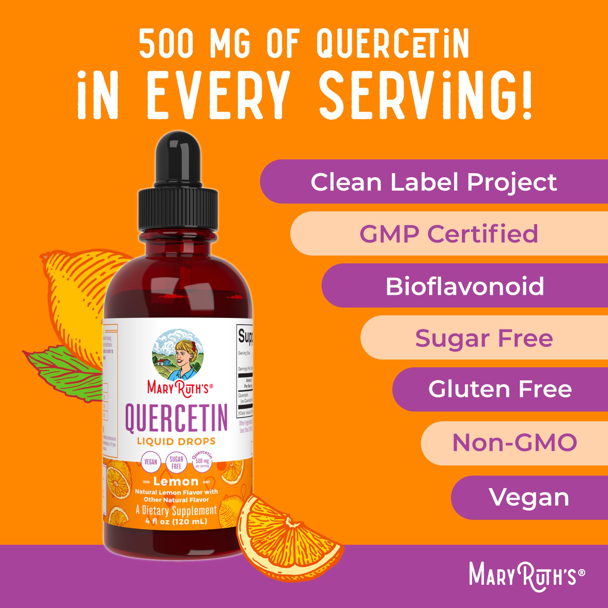 MaryRuth Organics Quercetin Liquid Drops | Sugar Free | 500mg for Adults 18 & Over | Cardiovascular Health for Adults | Bioflavonoid | Vegan | Non-GMO | Gluten Free | 4 Fl Oz MARYRUTH'SUS supplements