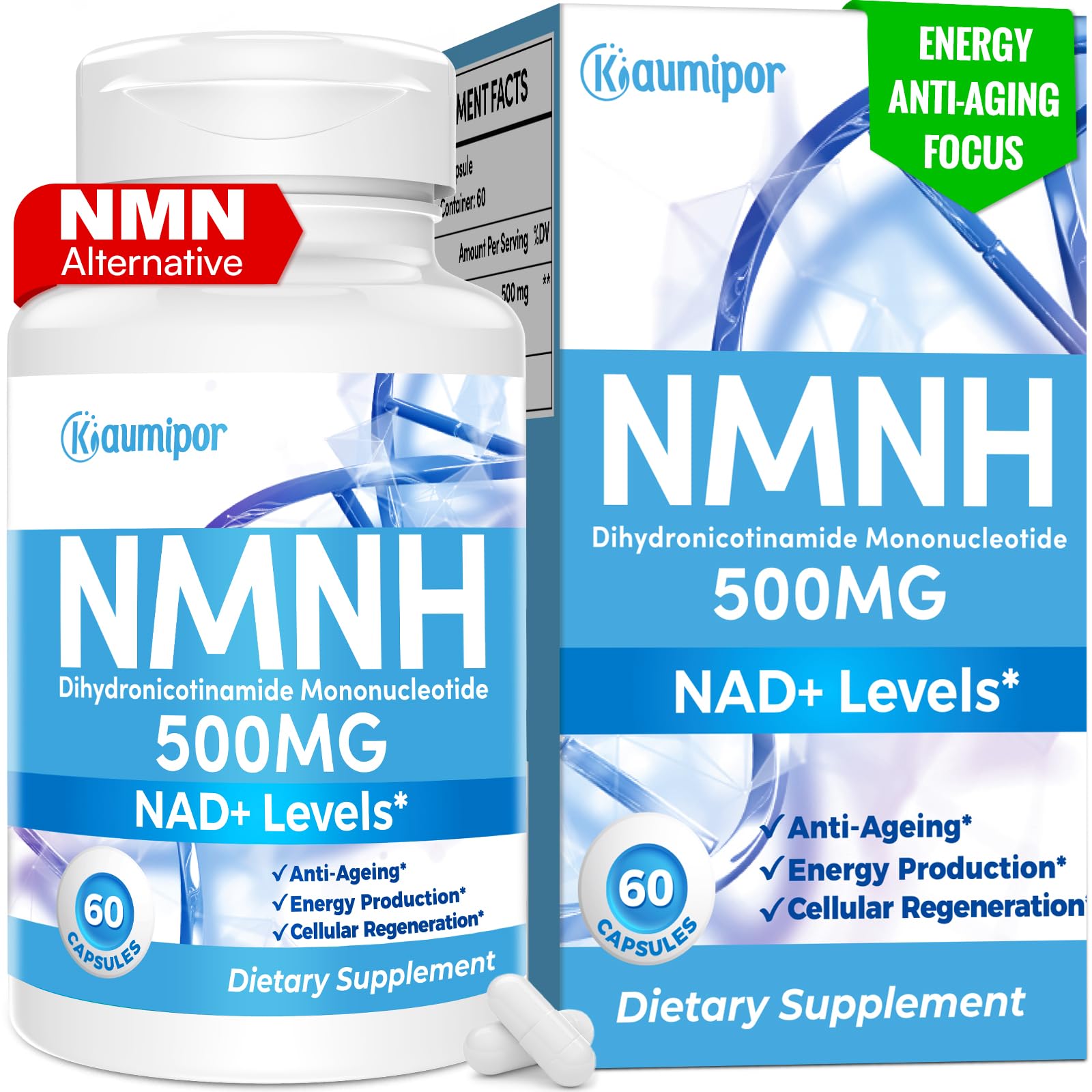 Kaumipor NMNH (Dihydronicotinamide Mononucleotide) NMN Alternative Supplement, 500 mg Per Serving NAD Supplement to Boost NAD+ Levels, for Anti Aging, Energy, Immunity, Focus, 60 Vegan Capsules KaumiporAu supplements