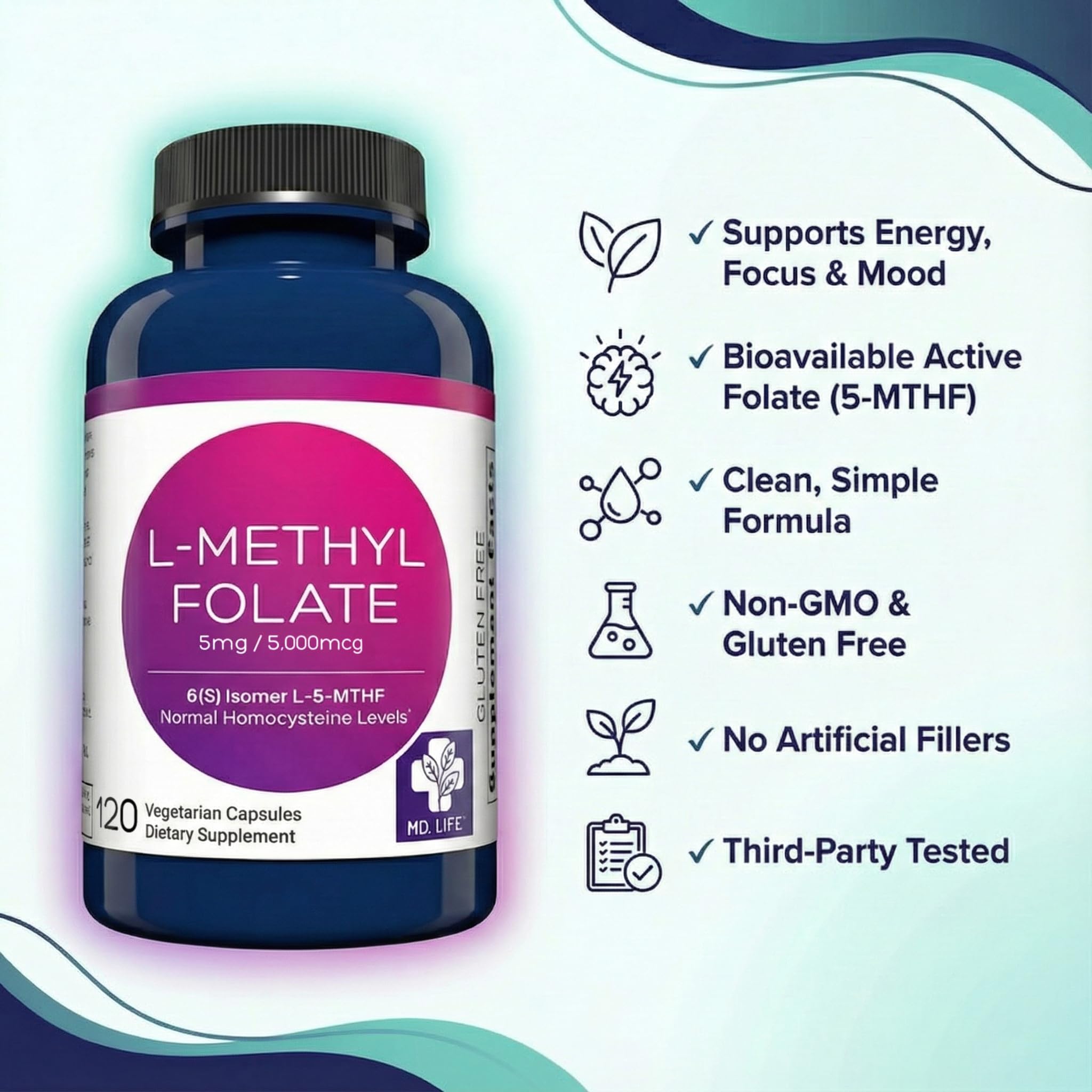MD Life L-Methylfolate 5 mg Supplement - Professional-Grade Active L Methylfolate Supplement - 120 Capsules - L-Methylfolate 5mg - Maximum Potency MTHFR W/Essential Amino Acids MD.LIFEAu supplements