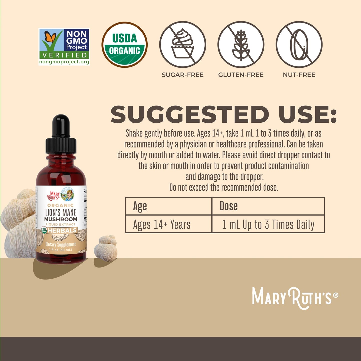 MaryRuth Organics Lions Mane Mushroom Supplement, Up to 1 Month Supply, Nootropic USDA Organic Lions Mane Extract Nervine Herbal Liquid Drops, Brain Health Non-GMO MARYRUTH'SUS supplements