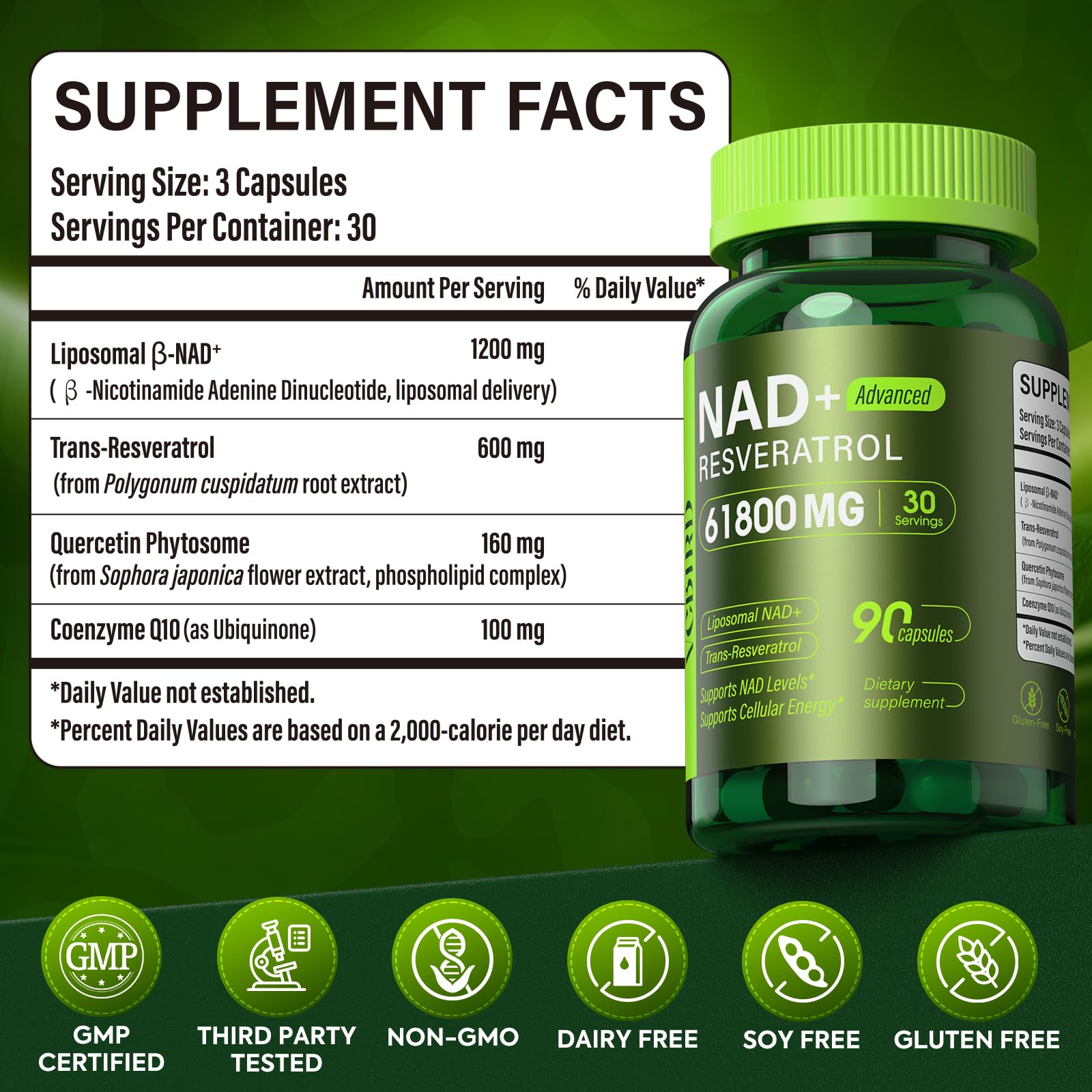 Nad Resveratrol Supplement 61800mg Per Bottle – Liposomal Nad+ Resveratrol for Women & Men – High Purity 1200mg Nad+ Supplement for Energy & Healthy Aging, Resveratrol, Quercetin, CoQ10 – 90 Counts VCBIRDAu supplements
