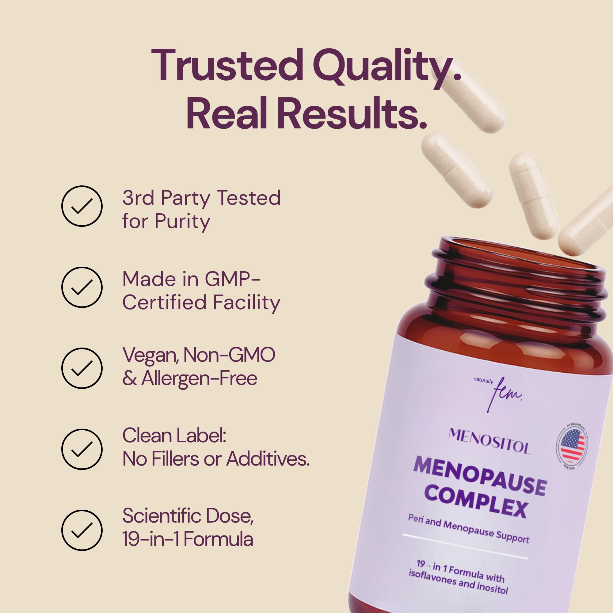 Inositol FEM Menositol 19-in-1 60Caps, Perimenopause & Menopause Supplements for Women Weight Loss with Myo-Inositol, D-chiro and Isoflavones, Control Metabolic Health, 100% Natural, Hormone, SoyFree QSTAAu supplements
