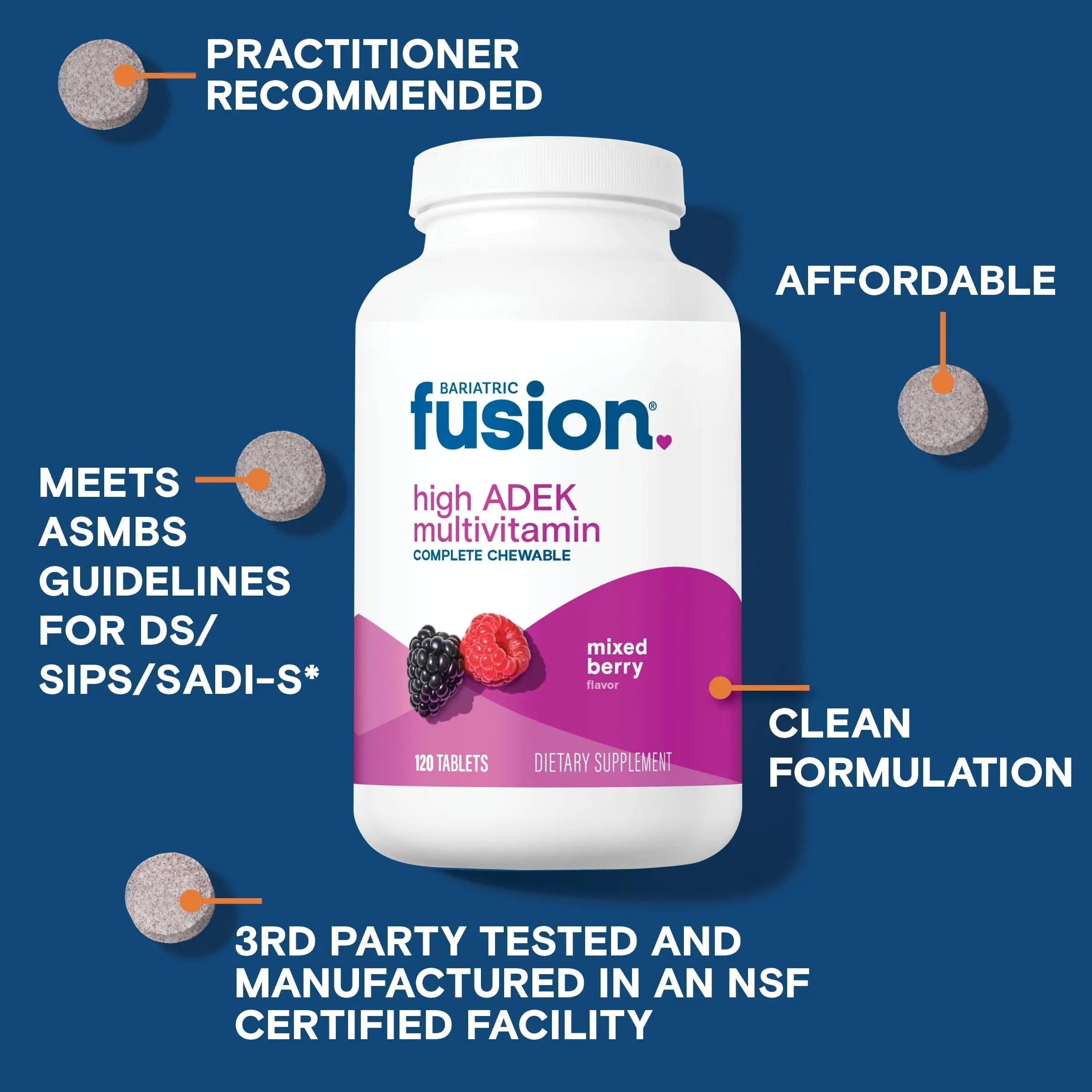 Bariatric Fusion Chewable Multivitamin with High ADEK Vitamins | Multi for Duodenal Switch Patients | Mixed Berry Flavored Tablets | Bariatric FusionAu supplements