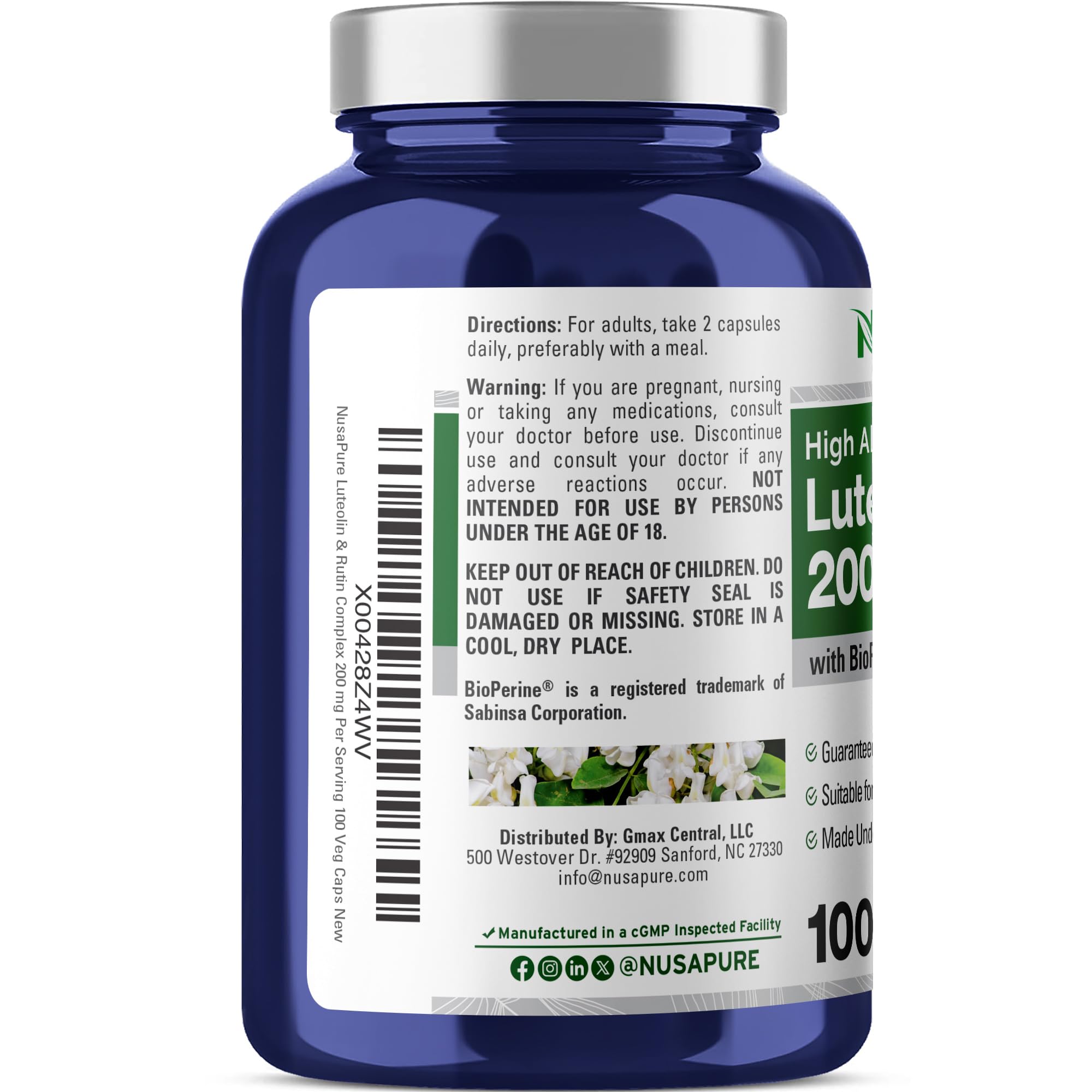 NusaPure Luteolin Complex with Rutin 200 mg | 100 Capsules | Vegetarian, Non-GMO & Vegan Flavonoid Formula NusaPureAu supplements