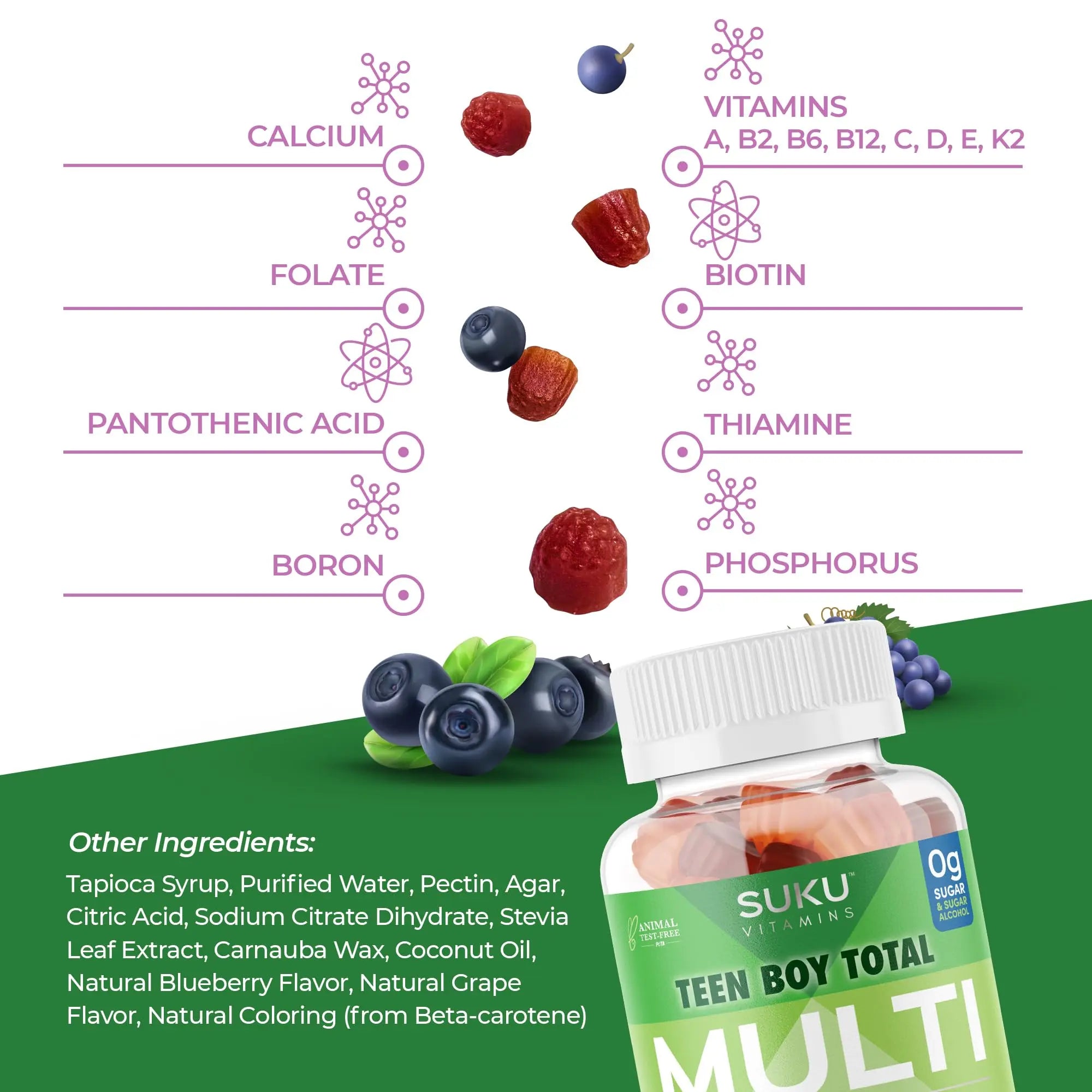 SUKU Teen Boy Multivitamin Gummies – Vitamins A, B12, C, D3, E, Zinc & Biotin – Sugar-Free Vegetarian Supplement SUKUAu supplements