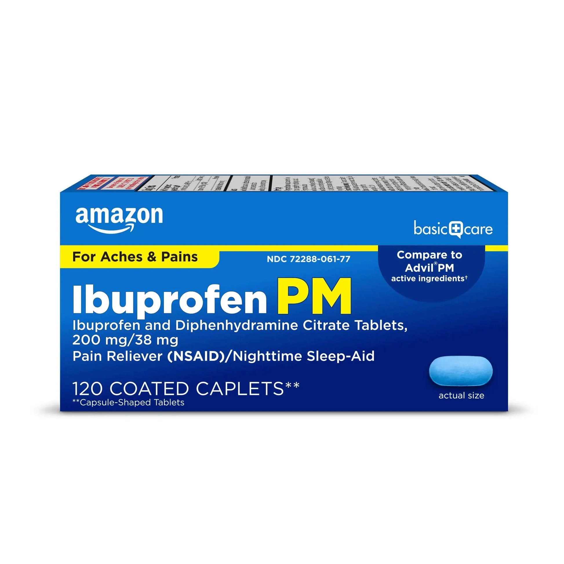 Amazon Basic Care Ibuprofen PM, Ibuprofen 200 mg and Diphenhydramine Citrate 38 mg, Pain Reliever and Nighttime Sleep-Aid, Capsule-Shaped Tablets, 120 Count Amazon Basic CareAu supplements