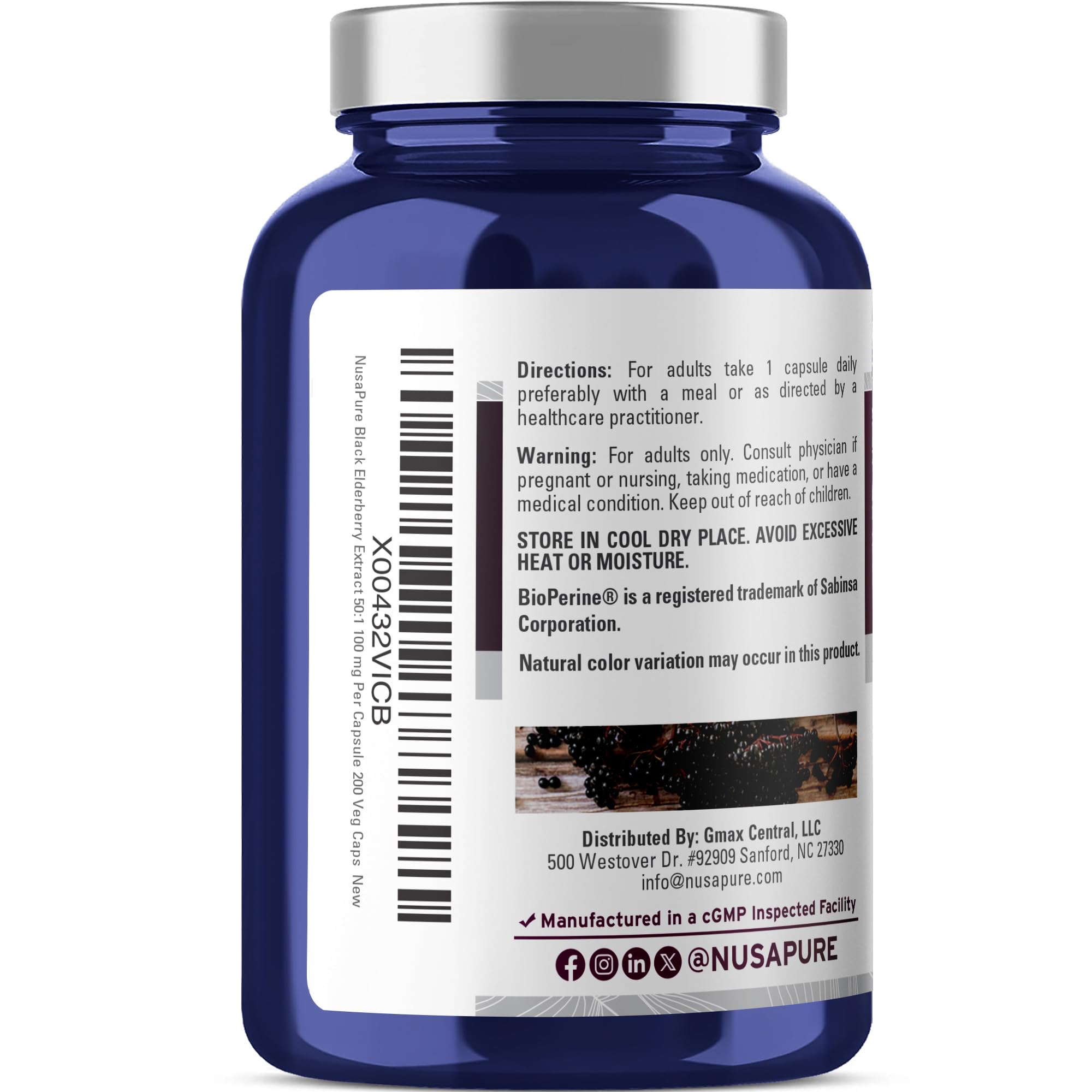 NusaPure Black Elderberry 50:1 Extract, 100 mg Equivalent to 5,000mg per Veggie Capsules, 200 Count (Vegan, Non-GMO, Bioperine) Dietary Supplement NusaPureAu supplements
