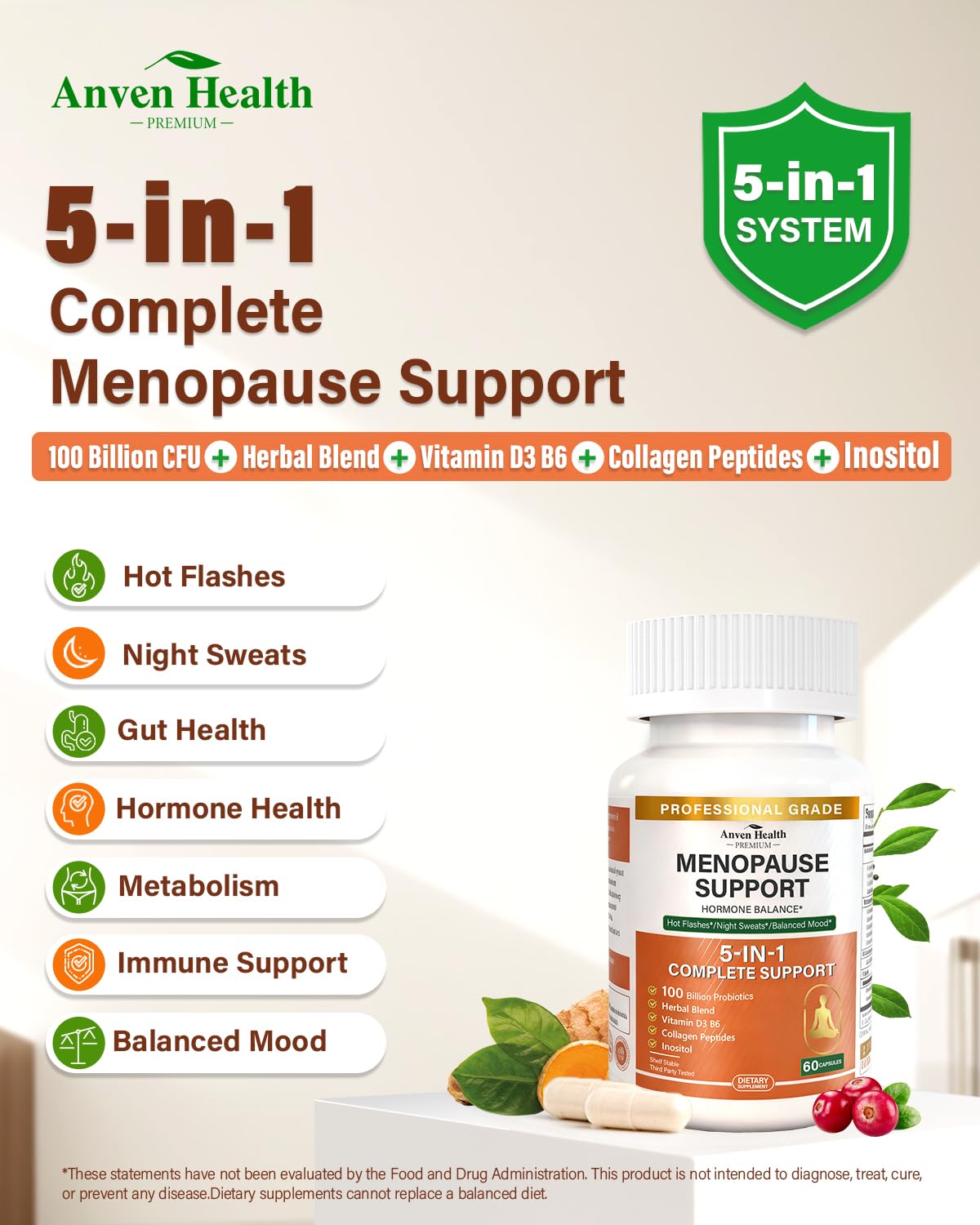 Anven Health Menopause Supplements for Women, Vitamin D3 & B6, Menopause Relief Probiotics Supports Hot Flashes, Night Sweats, Bloating & Gut Health with Black Cohosh, Herbs, Collagen | 60 Veggie Caps Anven HealthAu supplements