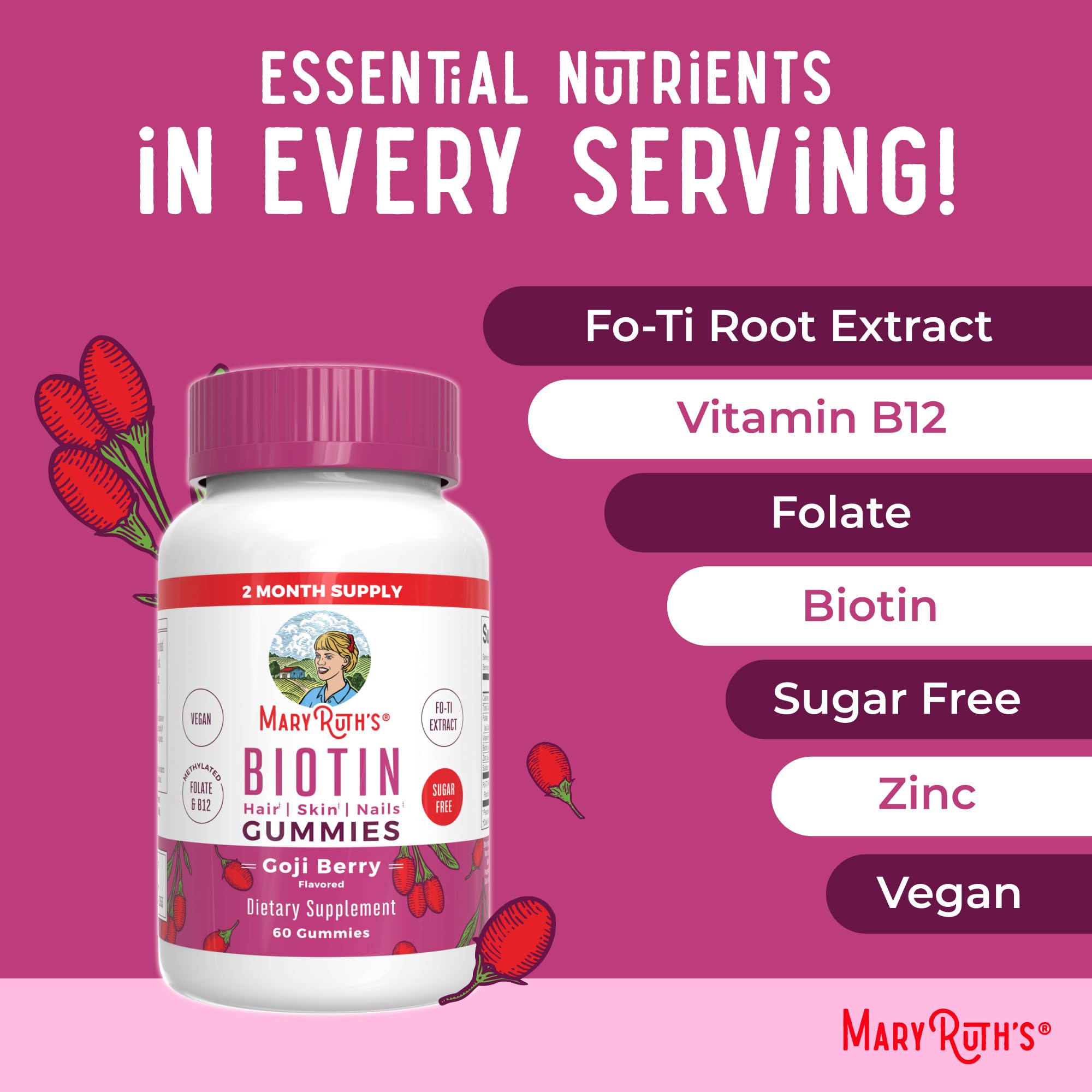 MaryRuth Organics Biotin Gummies | Sugar Free | Vegan | Non-GMO | 2,500 mcg Biotin Supplement | Hair Skin and Nails Vitamins | Hair Growth Vitamins | Hair Growth Supplement | 60 Count MARYRUTH'SUS supplements