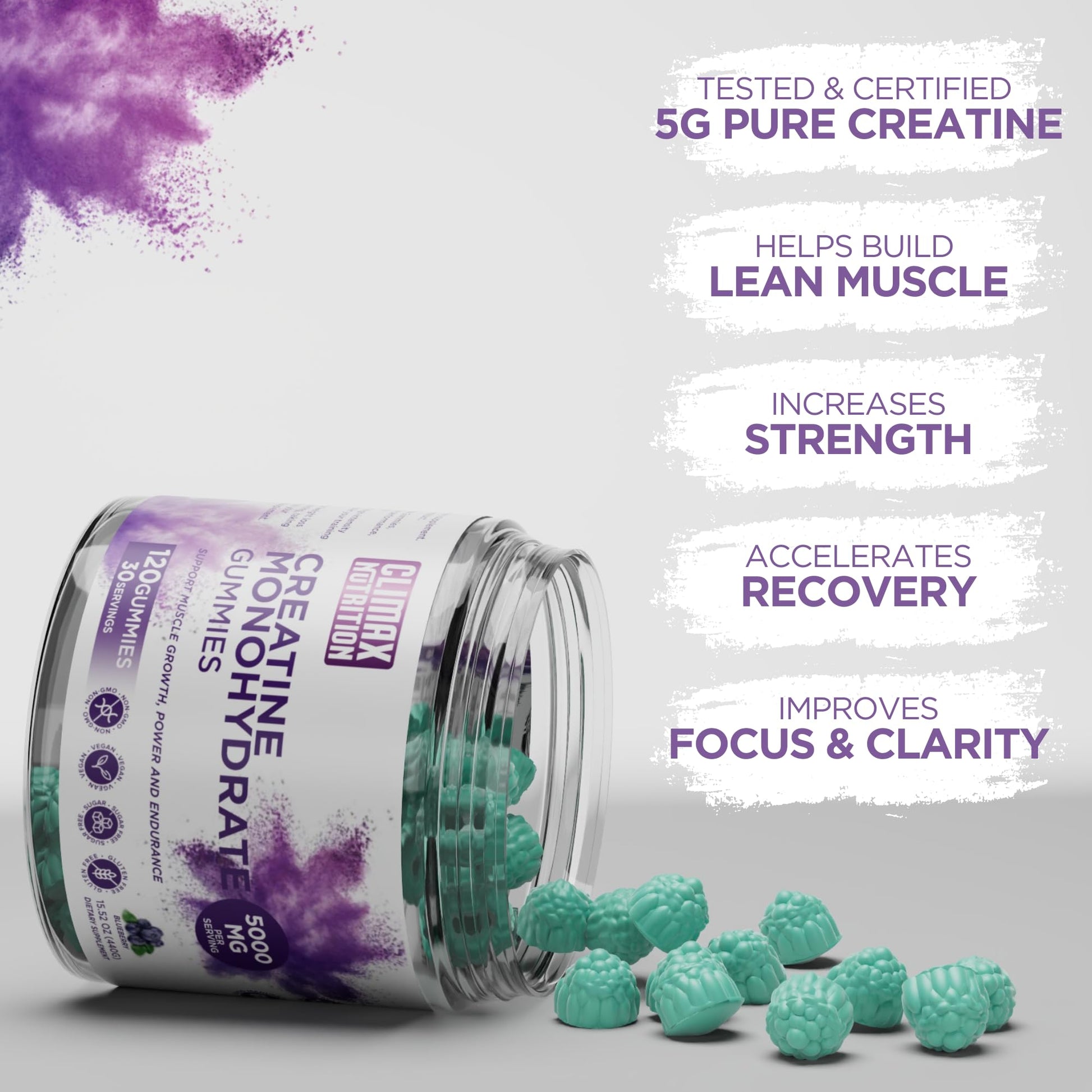 Creatine Monohydrate Gummies - Vegan, Sugar-Free, Gluten-Free - Boosts Muscle Recovery, Strength & Lean Muscle Growth - Brain Health Support - for Men & Women - Blueberry Flavor - 120 Gummies CLIMAX NUTRITIONAu supplements