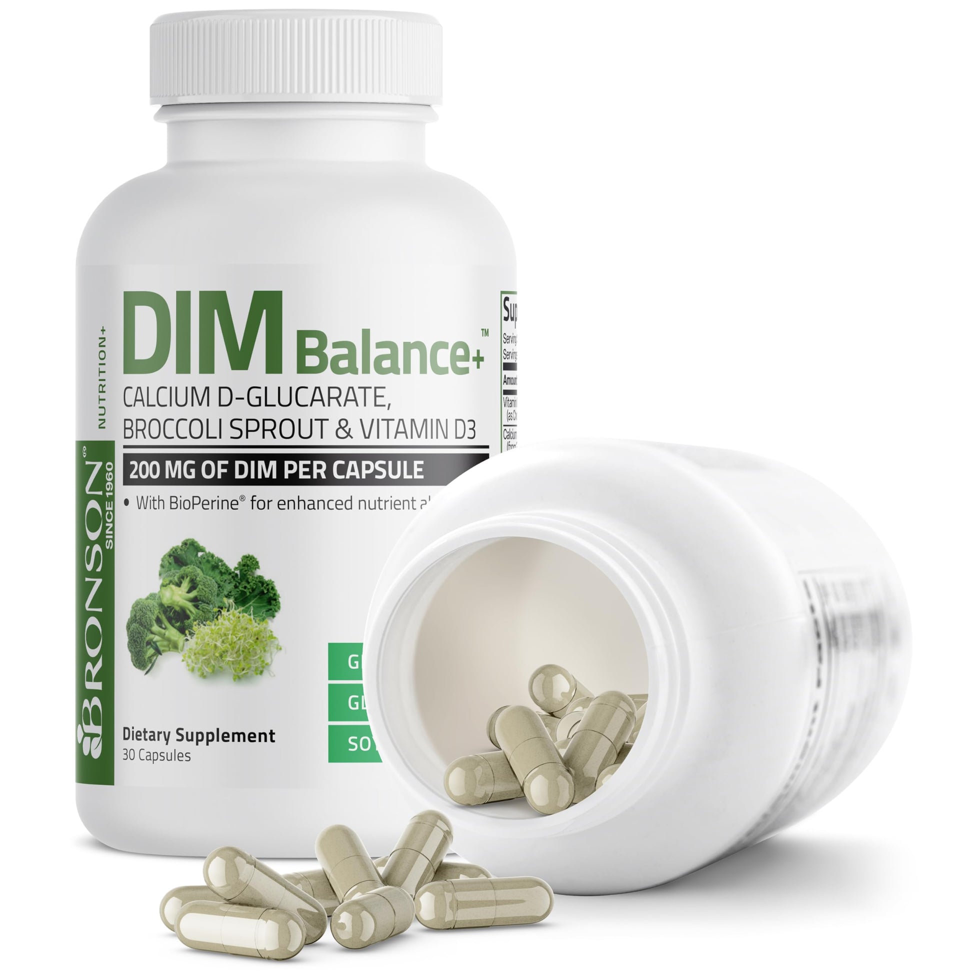 Bronson DIM Balance+ Calcium D-Glucarate, Broccoli Sprouts and Vitamin D3 200 MG of DIM per Capsule Supports Estrogen Metabolism and Balanced Hormone Levels Non-GMO, 30 Vegetarian Capsules BronsonAu supplements