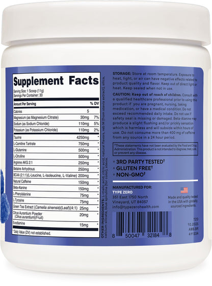 Type Zero Amino Burn - Vegan BCAA + Clean Pre Workout Powder with Arginine AKG, L-Citrulline & Beta Alanine - Amino Acid Clean Energy, Endurance & Hydration Supplement - Blue Raspberry, 30 Servings Type ZeroUS supplements