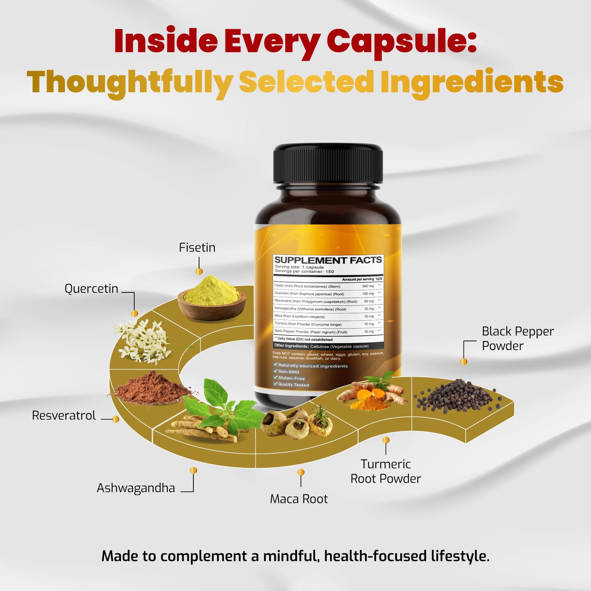 VEGATOT Organic Fisetin Complex 7-in-1 Formula | with Quercetin, Resveratrol, Ashwagandha, Maca Root, Turmeric, Black Pepper | 150 Capsules | Non-GMO, Gluten-Free VEGATOTAu supplements