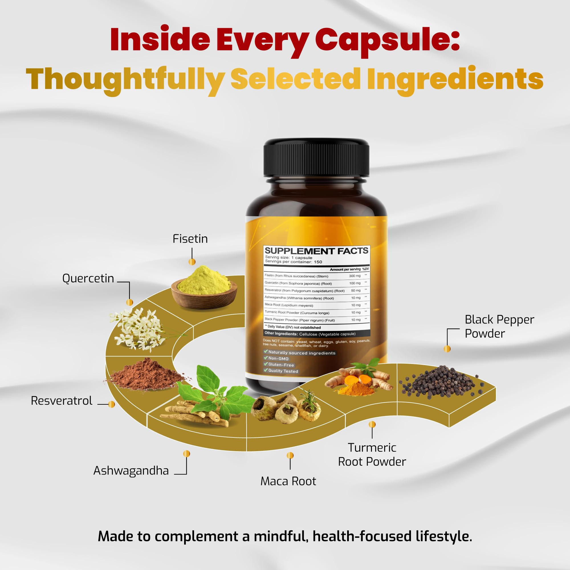 VEGATOT Organic Fisetin Complex 7-in-1 Formula | with Quercetin, Resveratrol, Ashwagandha, Maca Root, Turmeric, Black Pepper | 150 Capsules | Non-GMO, Gluten-Free VEGATOTAu supplements