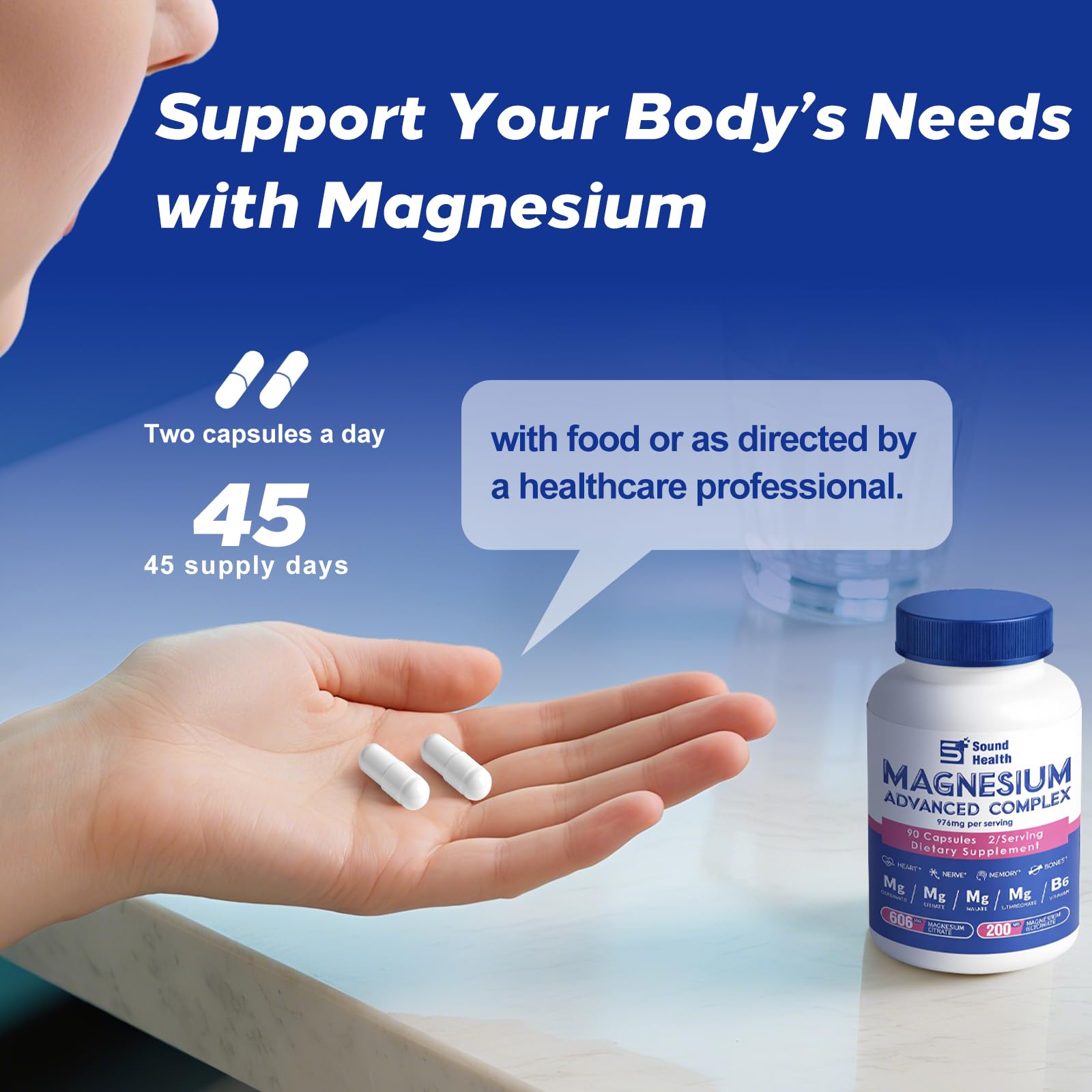Magnesium Complex Capsule 5 in 1 Magnesium Supplement from Magnesium Glycinate, Citrate, Malate, L-Threonate & Vitamin B6, High Absorption Magnesium Supplement, Non-GMO, Vegan Sound Health PlusAu supplements