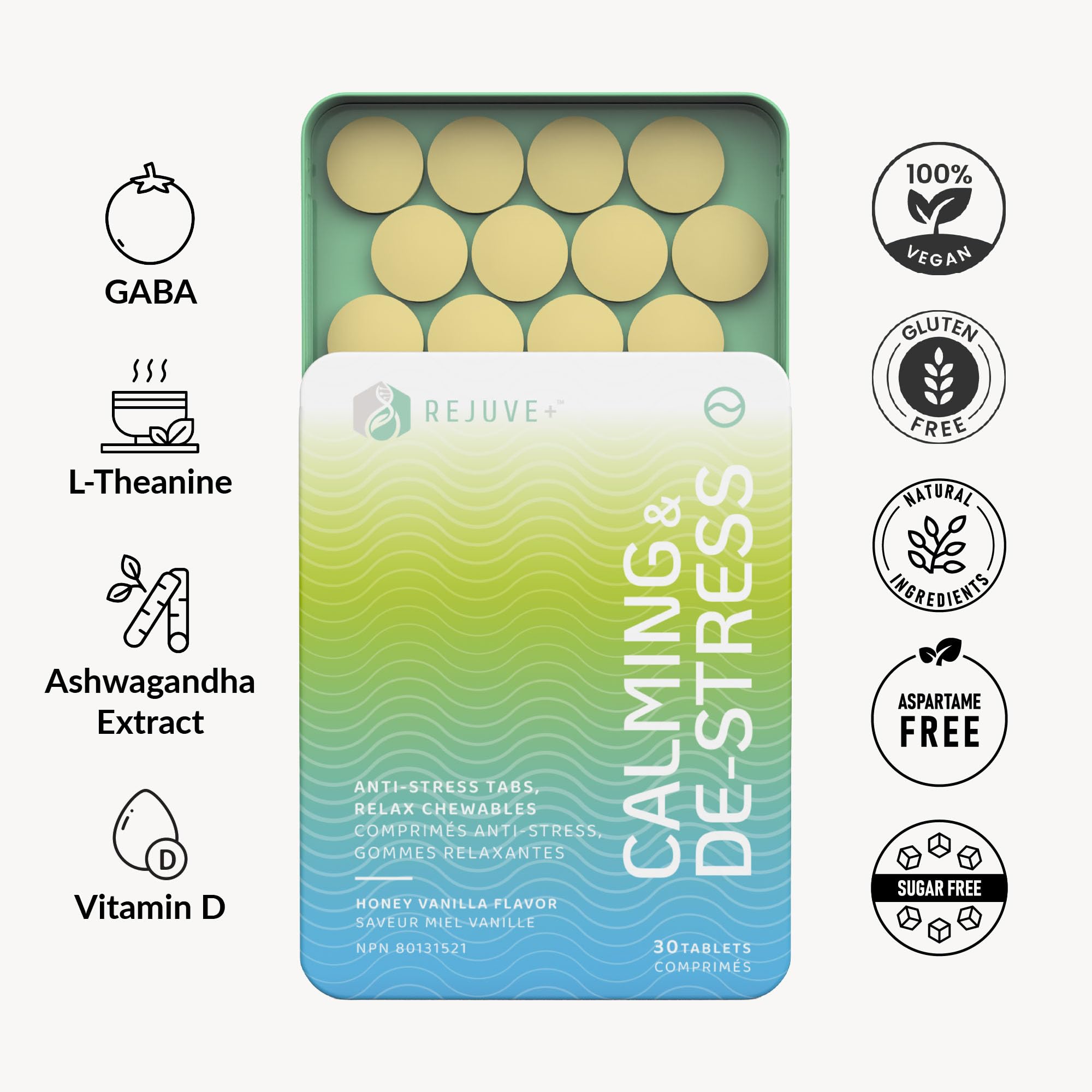 REJUVE+ Calm & Destress Nootropic Supplement – Brain Boost | L-Theanine, GABA, Ashwagandha, Vitamin D | Natural Stress Relief & Relaxation | Sleep Enhancer | Mood Enhancer | Honey Vanilla Flavor (1) REJUVE+Au supplements