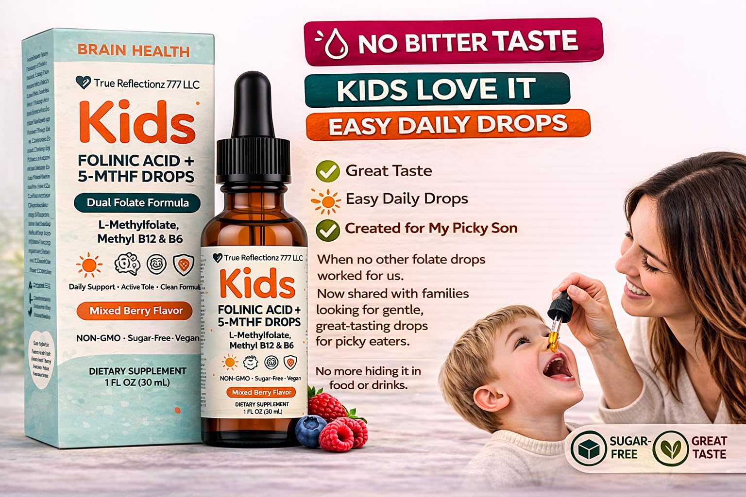Folinic Acid Drops Kids 800 mcg + L-Methylfolate + B12 +P5P B6 Gentle Methylation Great Taste, Magnesium Glycinate, Vitamin D3 & C Folate Support for Brain,Focus, Mood & Cellular Health 5-MTHF Drops True reflectionzAu supplements