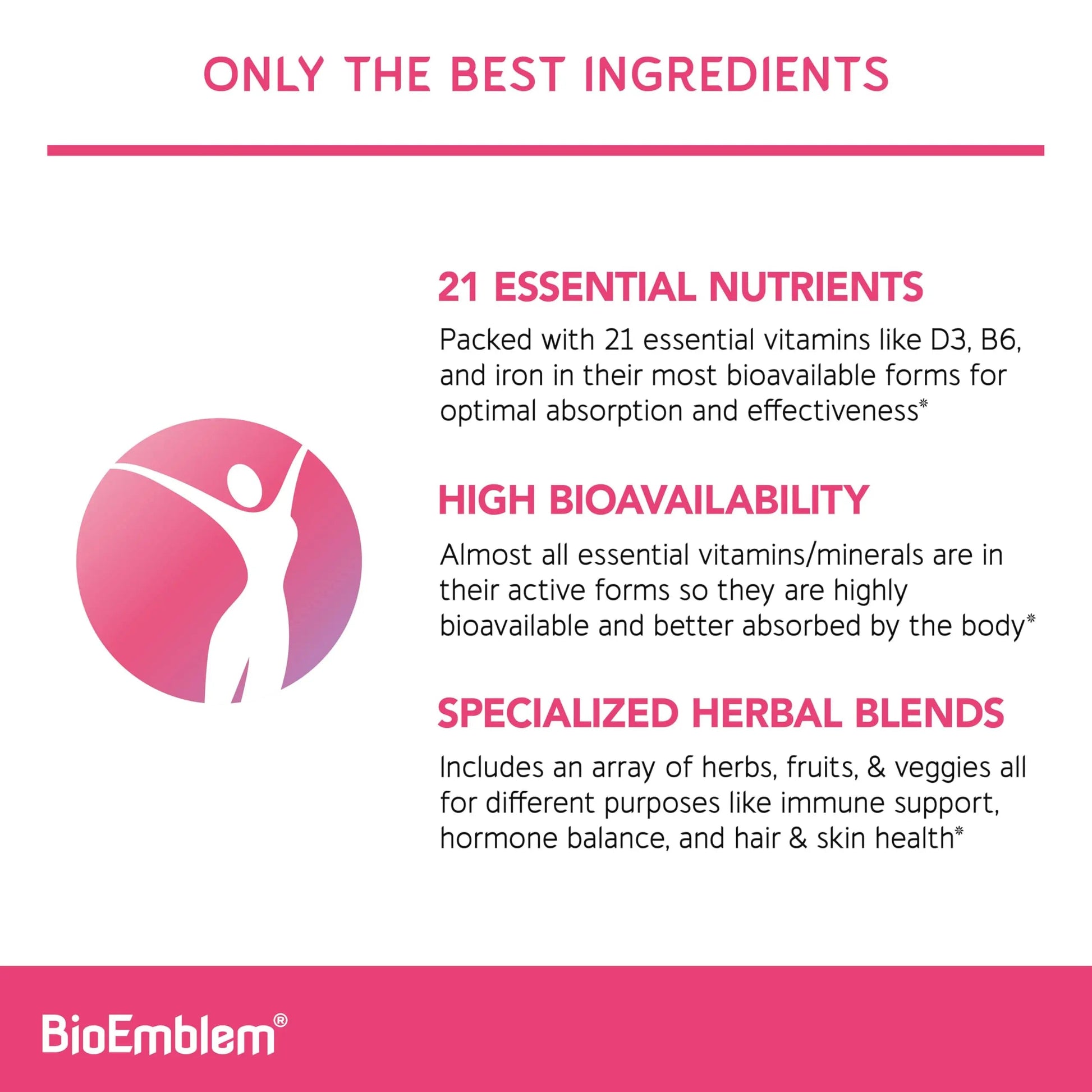 BioEmblem Women's Multivitamin - Complete Daily Multi for Immunity, Energy, Hair, Skin with Vitamin A, B12, B6, D3, Biotin BioEmblemAu supplements