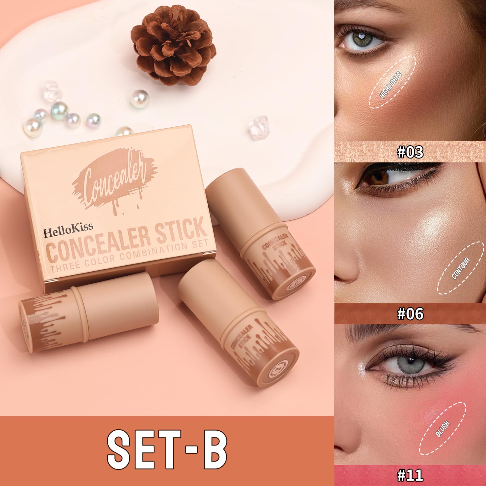 3Pcs Cream Contour Sticks Kit, Highlighter Stick Blush Stick Cream Contour Kit Makeup Set with Brush,Face Brightens & Shades Contour Stick Waterproof for Women QICAu supplements