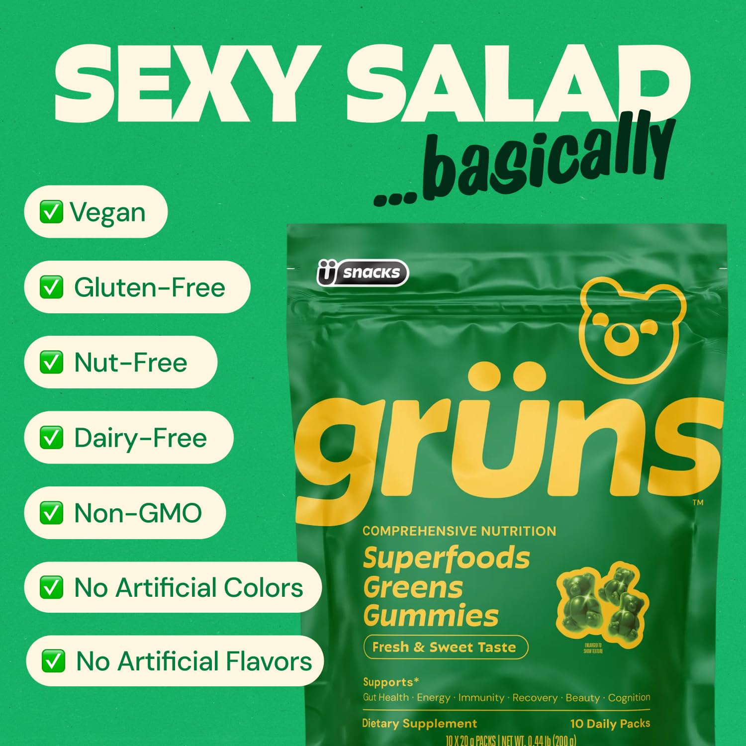 Gruns Adults Super Greens Gummies, Multivitamin Superfood Gummy Bears, Spirulina, Chlorella, Prebiotics & Fiber Gummies for Digestive Health, Adaptogens Supplement, 20 Vitamins & Minerals, 10 Count GrünsAu supplements