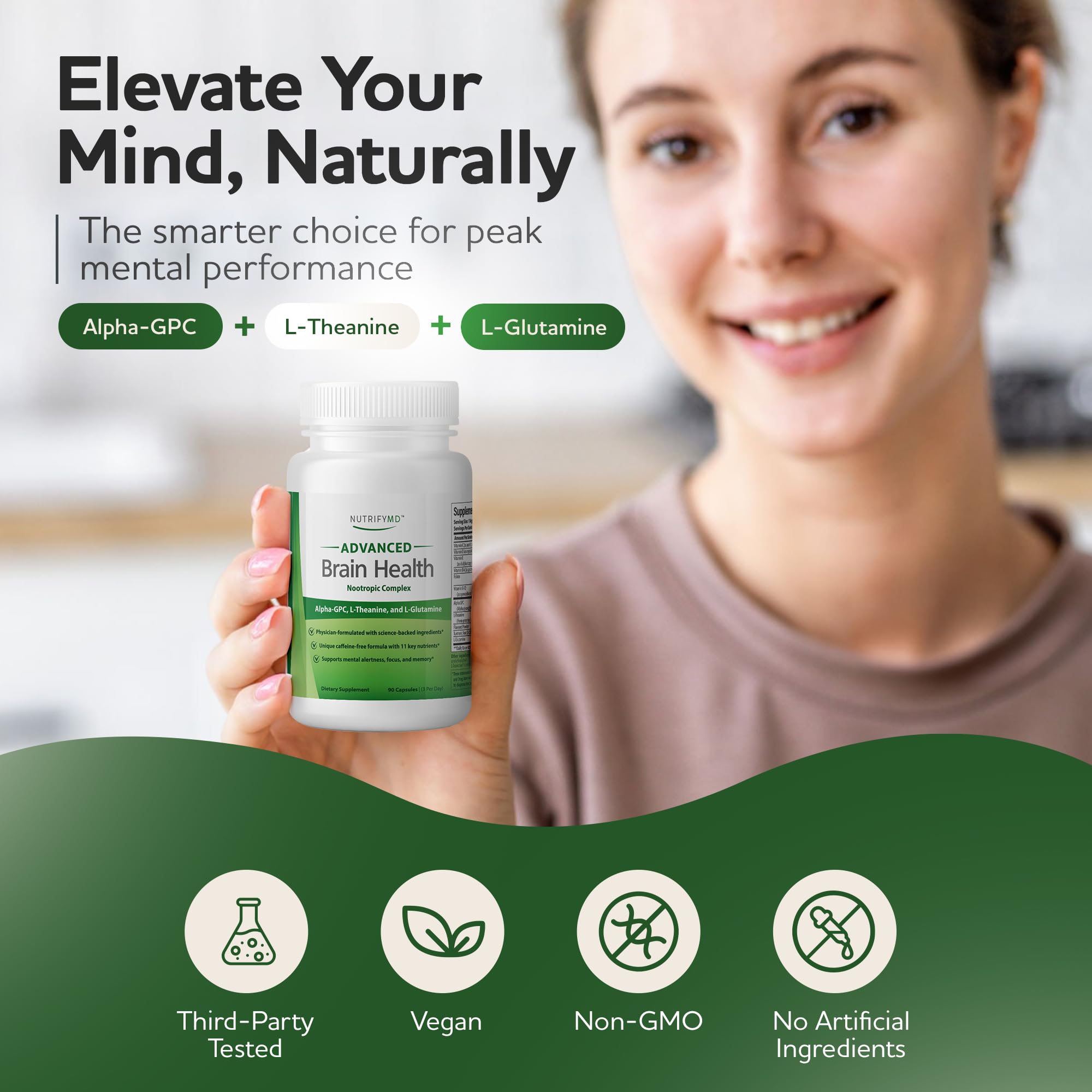 Advanced Brain Health Supplement with Alpha GPC, L-Theanine, L-Glutamine for Memory and Focus - 90 Capsules NutrifyMDAu supplements