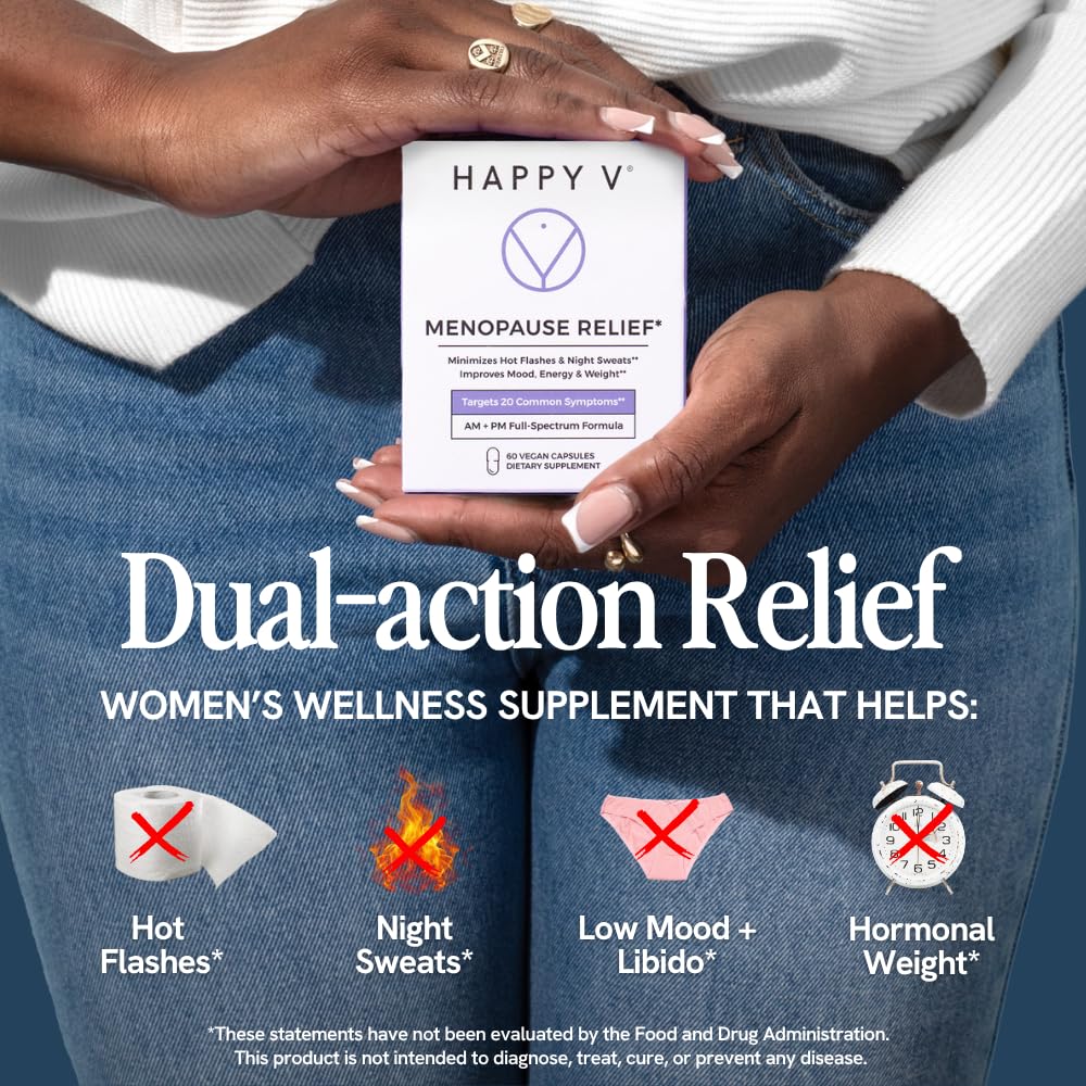 Happy V Menopause Relief Supplement for Women – Hormone Balance, Hot Flash & Night Sweat Support, Mood & Energy Booster, Vaginal Wellness, Perimenopause & Postmenopause Support – 60 Vegan Capsules Happy VAu supplements