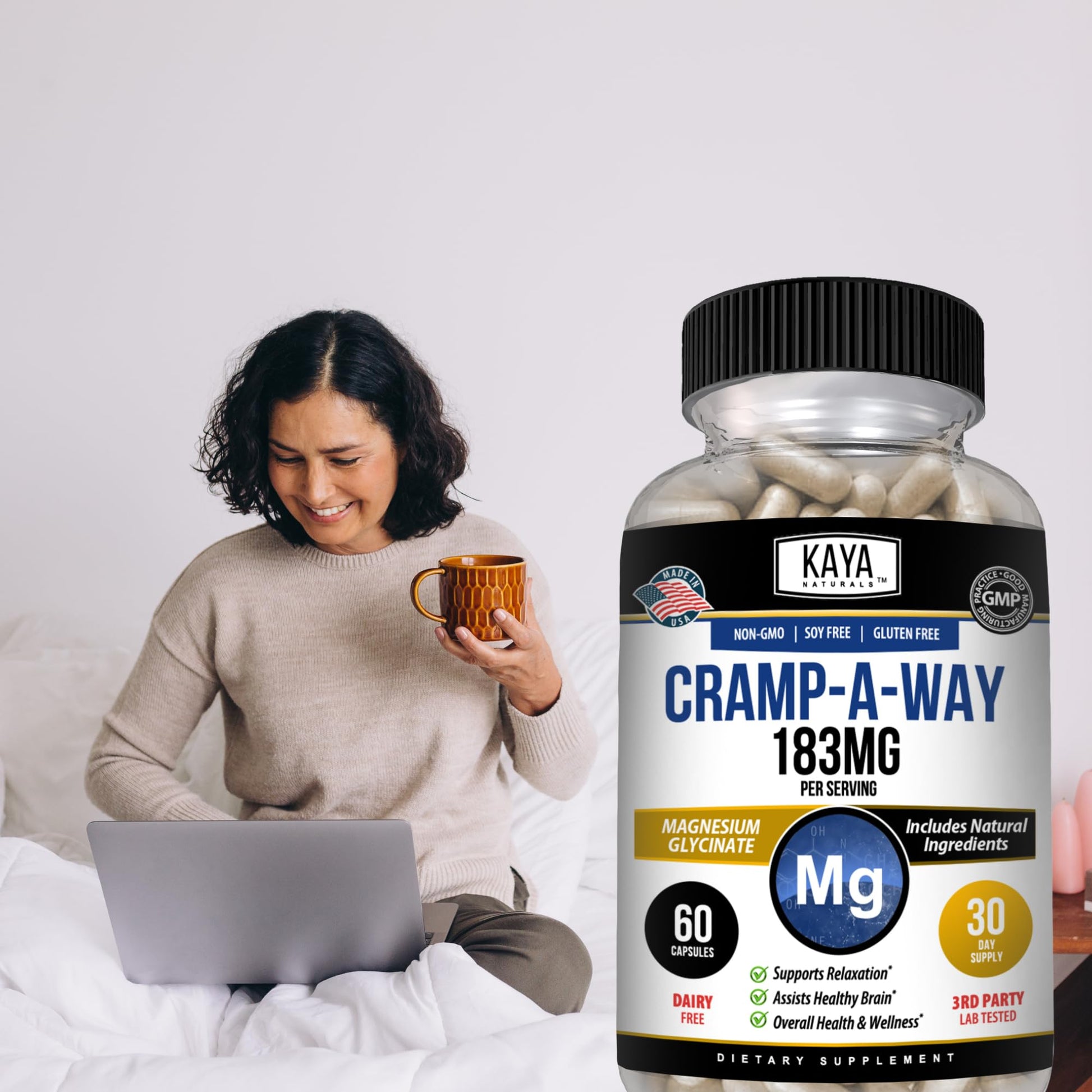 Kaya Naturals Cramp-A-Way Magnesium Glycinate 183mg (60 Count (Pack of 1) Kaya NaturalsAu supplements