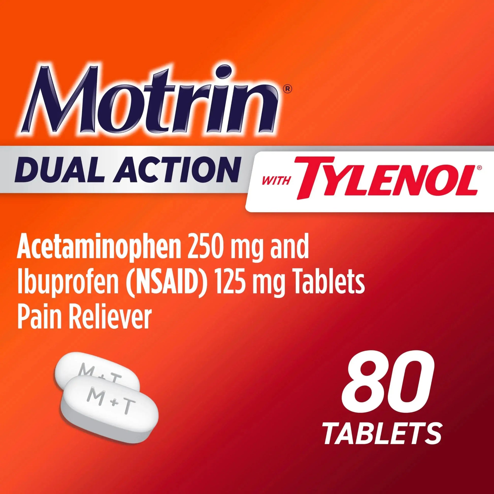 Motrin Dual Action with Tylenol, Fast-Acting Dual Action Pain Reliever with Ibuprofen & Acetaminophen for Minor Aches & Pains, Ibuprofen (NSAID) 125 mg & Acetaminophen 250 mg, 80 ct MotrinAu supplements