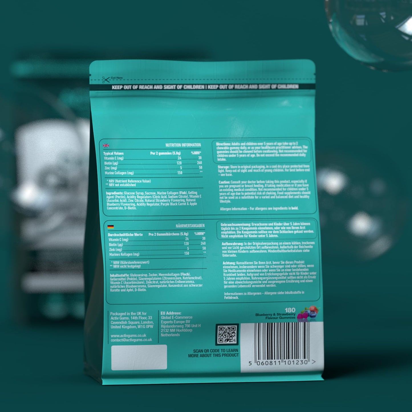 Marine Collagen Complex 180 Gummies. Strawberry & Blueberry Flavour. Resealable & Recyclable Pouch. Contains Marine Collagen, Vitamin C Activ GumsUS supplements