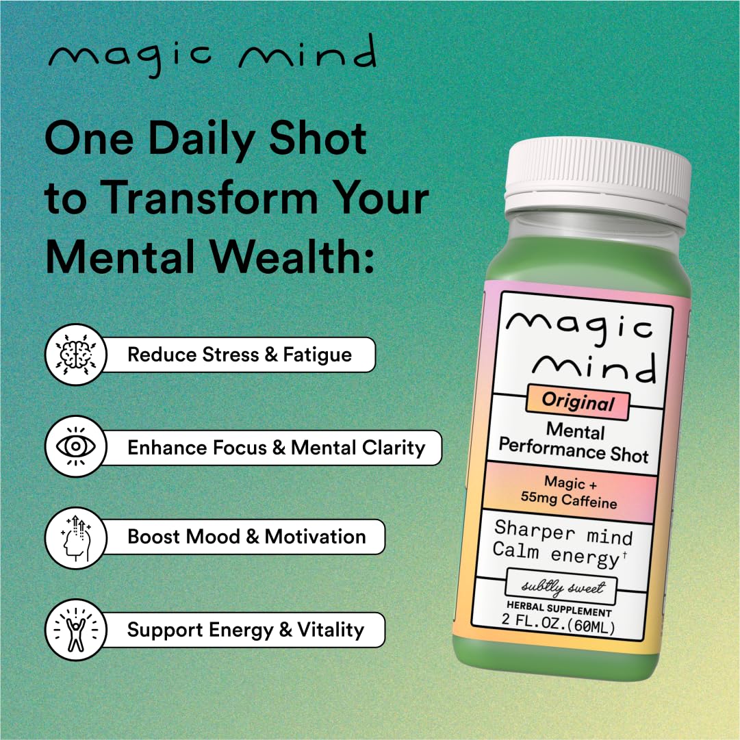 Magic Mind Energy And Focus Drink Shots - Stress Relieving, No Jitters, Ashwagandha, Vitamin B12, Vitamin C, Matcha Green Tea, Functional Mushrooms - 2 FL Oz (15 Pack) Magic MindAu supplements