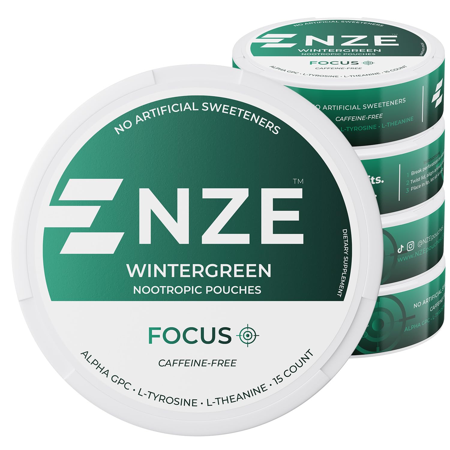 NZE Caffeine Free Nootropic Pouches (Wintergreen) - Nootropic Pouches with Alpha GPC, L-Tyrosine & L-Theanine - No Sugar or Artificial Sweeteners - 15 Pouches Per Can - 5 Pack NZEAu supplements