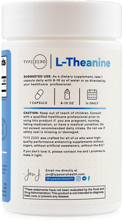 Type Zero L-Theanine (200mg) 200 Capsules - Clean L-Theanine Supplement, Keto, GMO-Free Type ZeroUS supplements