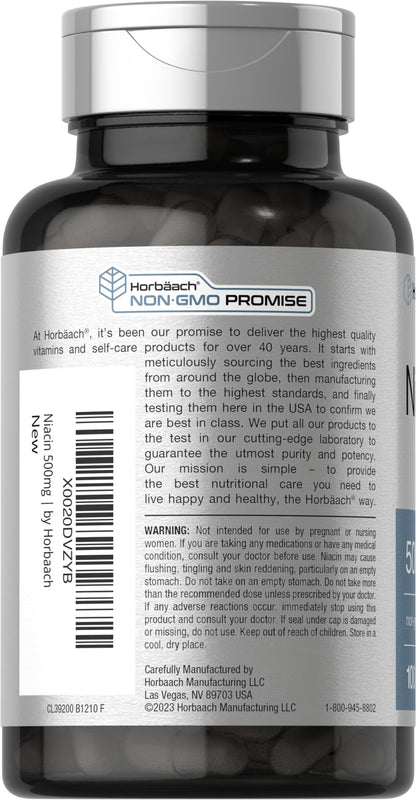 Niacin | Vitamin B3 500mg | 100 Capsules | with Flushing | Non-GMO, and Gluten Free HorbäachUS supplements