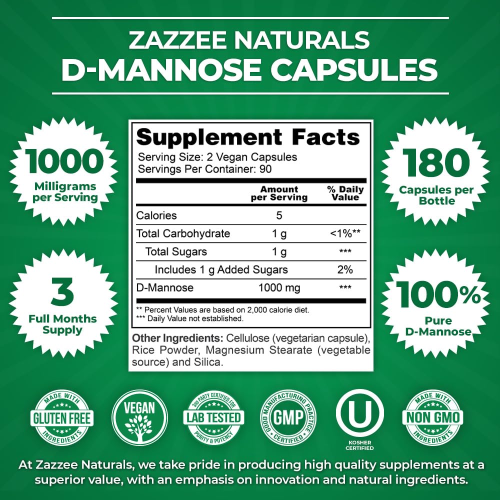 Zazzee D-Mannose, 1000 mg per Serving, 180 Vegan Capsules, 3 Month Supply, Potent ZazzeeUS supplements