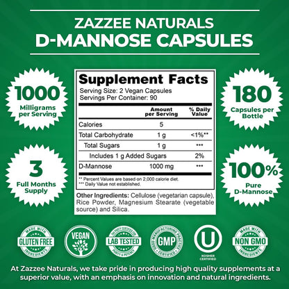Zazzee D-Mannose, 1000 mg per Serving, 180 Vegan Capsules, 3 Month Supply, Potent ZazzeeUS supplements
