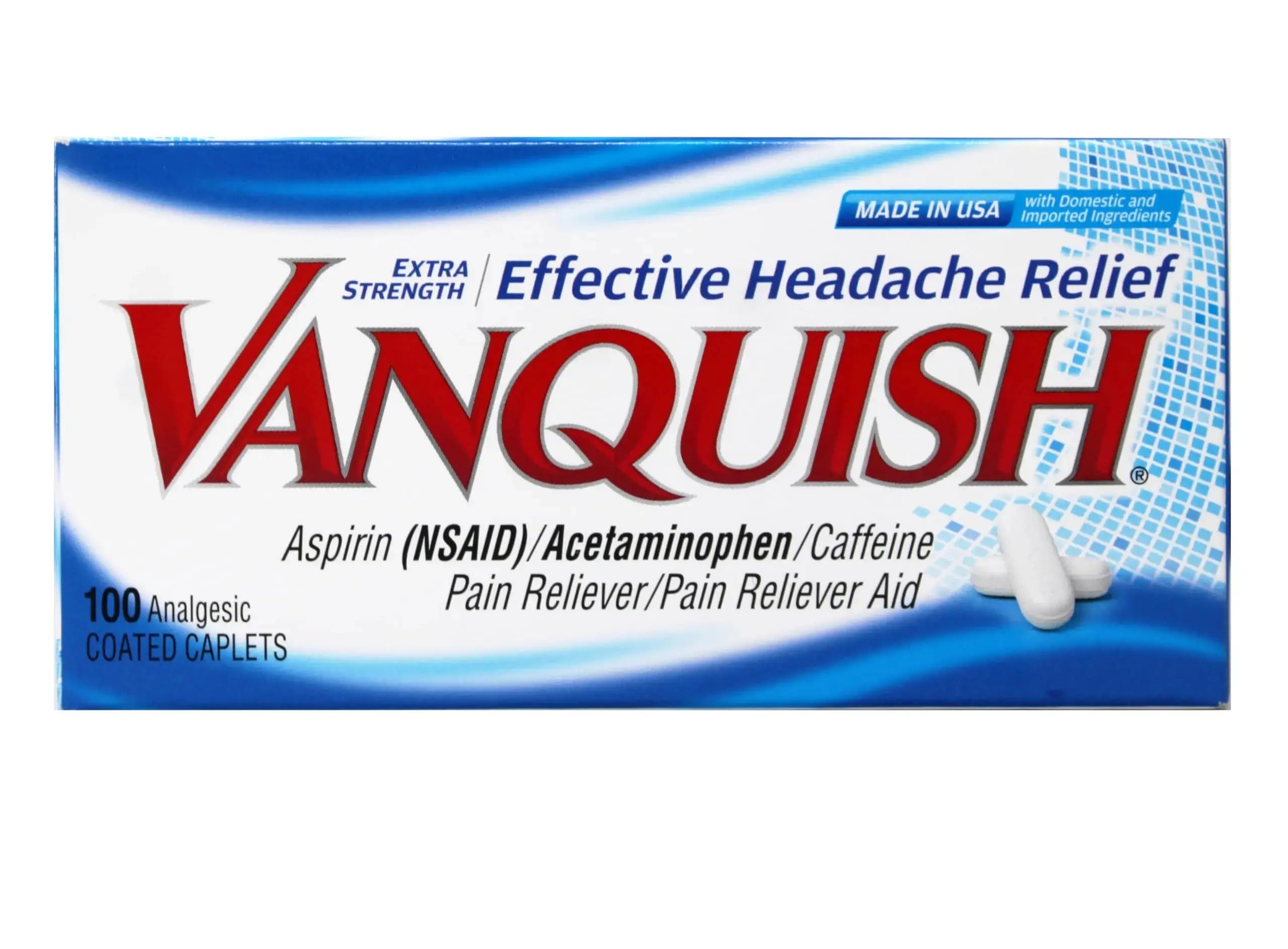 Vanquish Effective Headache Relief – Aspirin (NSAID), Acetaminophen, Caffeine, 100 Analgesic Coated Caplets - 3 Pack VanquishAu supplements