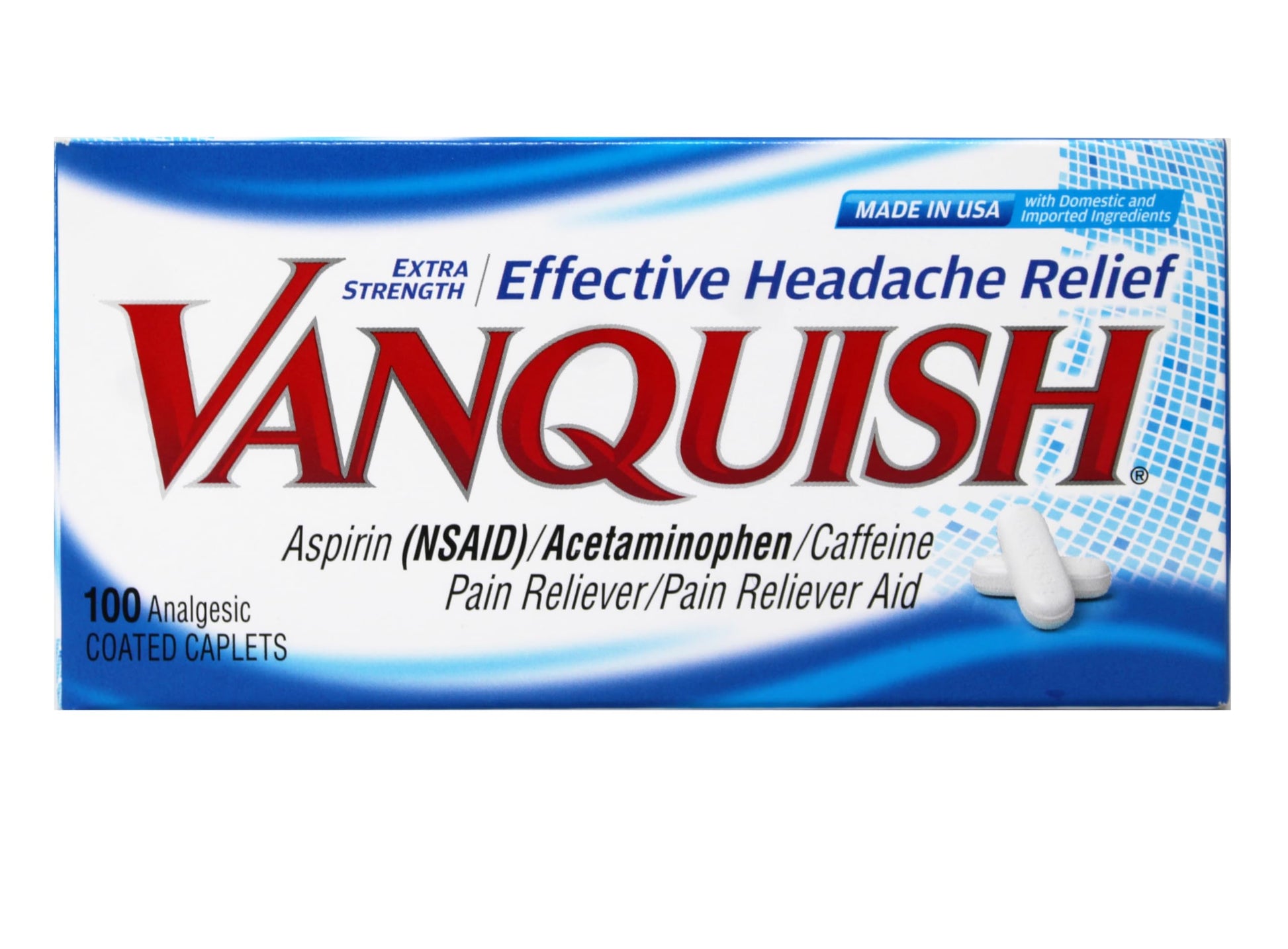 Vanquish Extra Strength Pain Reliever Headache Relief Aspirin Acetaminophen Caffeine 100 Coated Caplets (Pack of 2) VanquishAu supplements